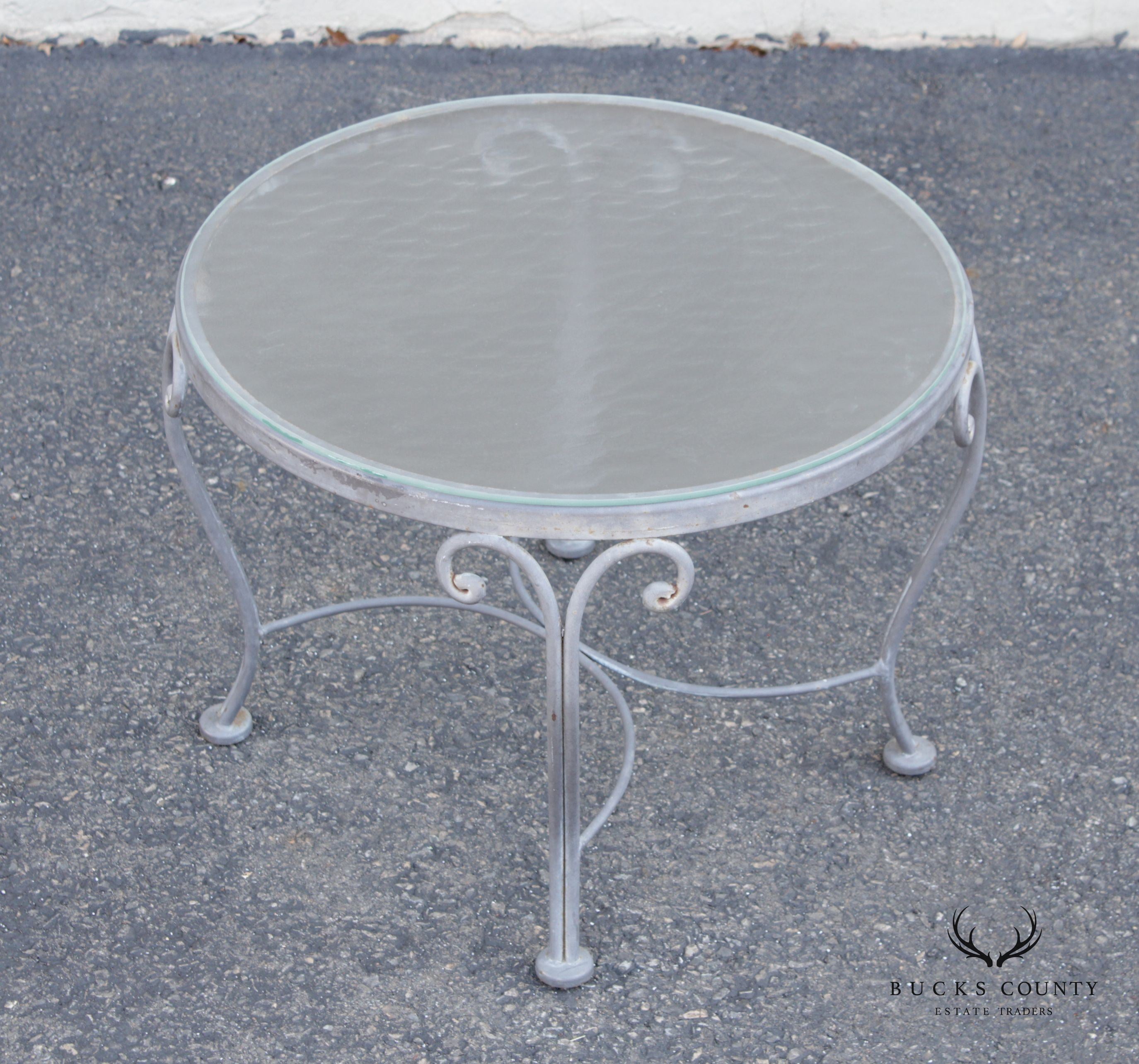 French Style Vintage Scrolled Wrought Iron Round Glass Top Outdoor Cocktail Table