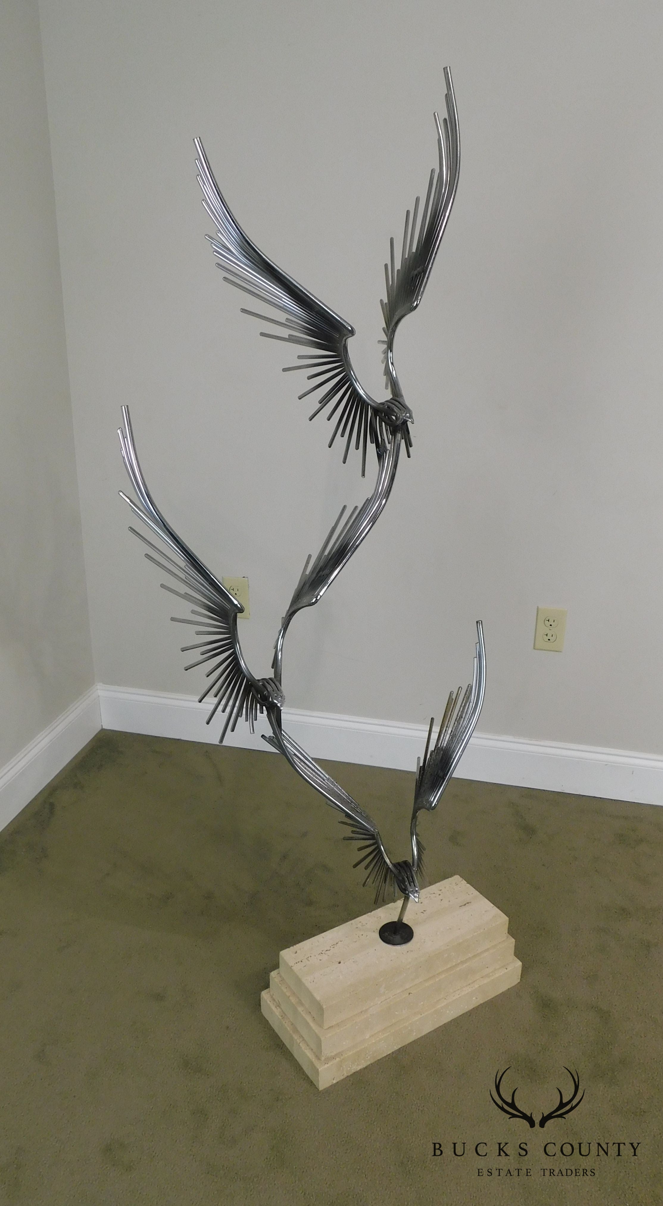 Curtis Jere "Birds in Flight" Pair Large Metal Sculptures on Travertine Bases