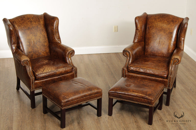 Chippendale Style Vintage Pair Leather Wing Chairs and Ottomans