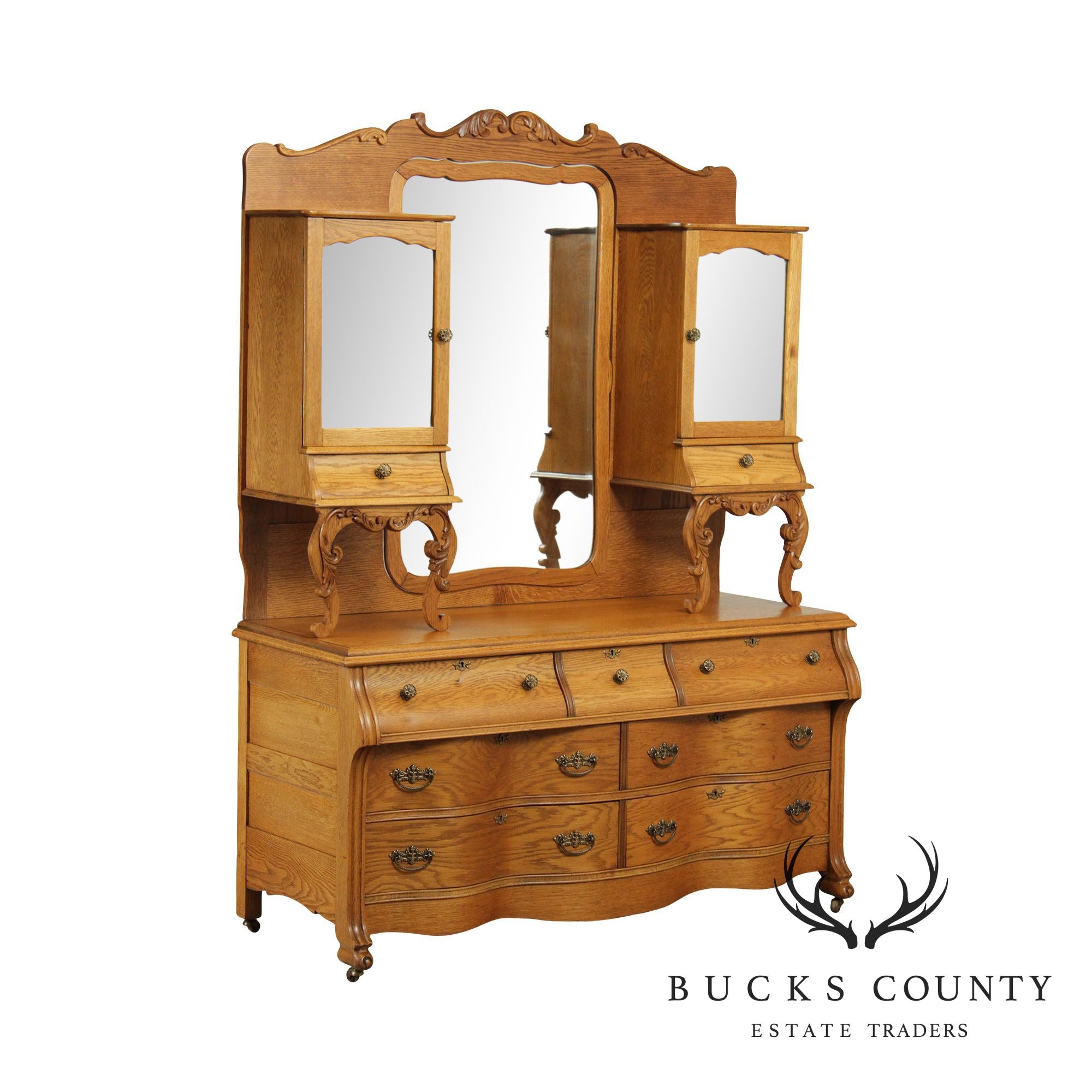 Antique Victorian Oak Unusual Double Dresser, Mirror Back