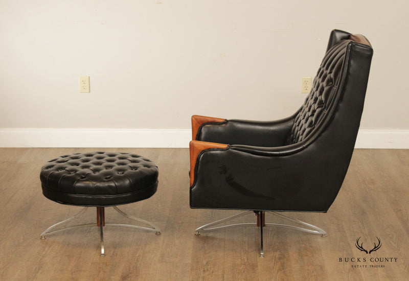 Kroehler Midcentury Modern Black Tufted Swivel Lounge Chair and Ottoman