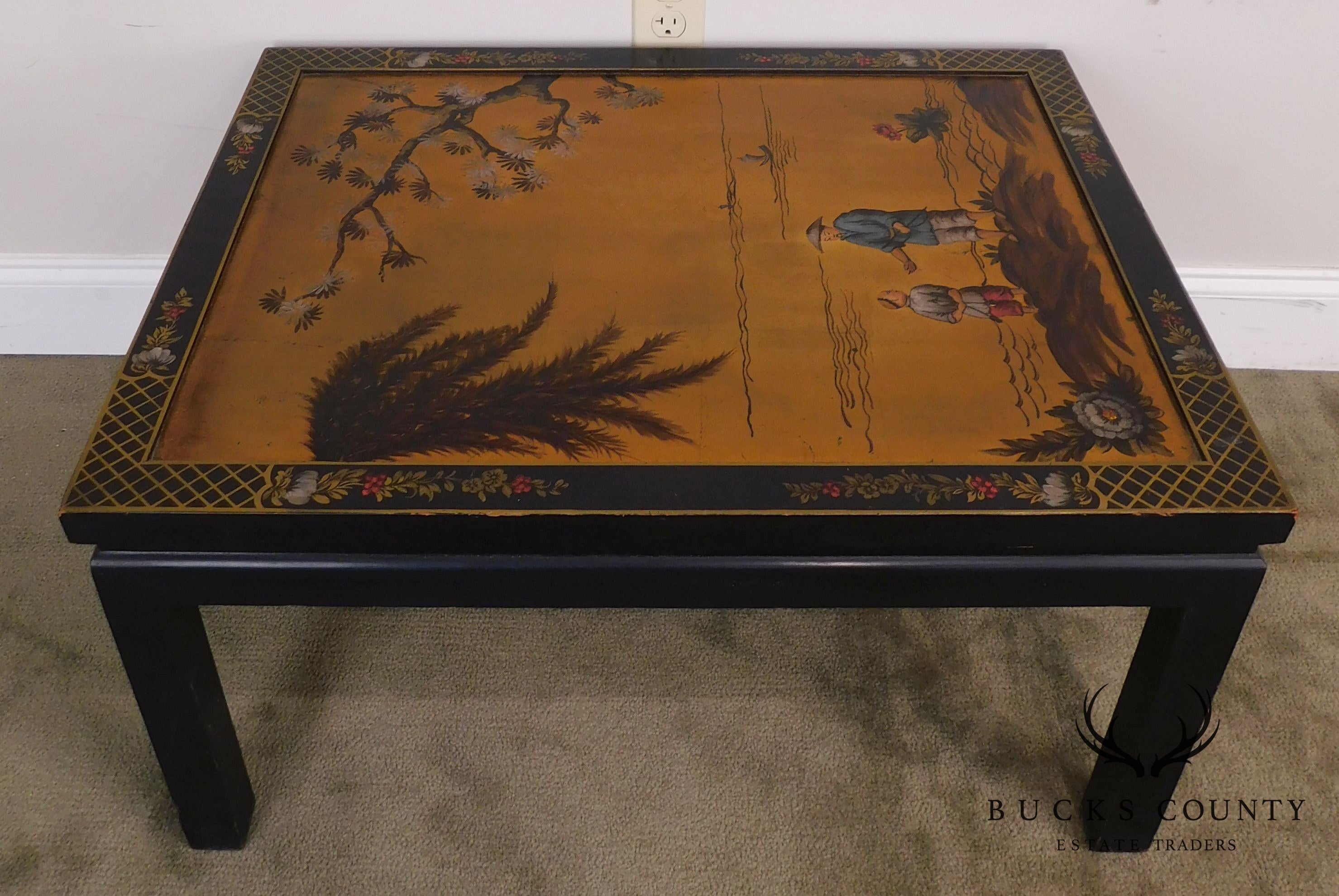 Kozak Studios Black & Gold Chinoiserie Painted Pair Side Tables