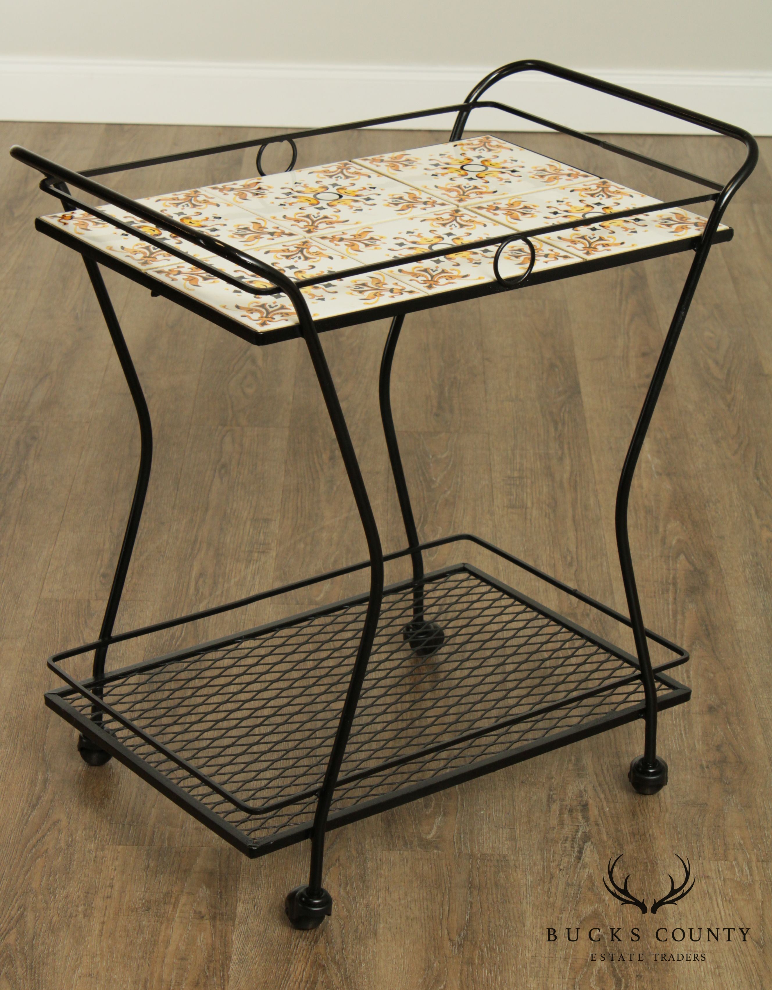 Mid-Century Modern Wrought Iron Tile Top Serving Cart, Trolly