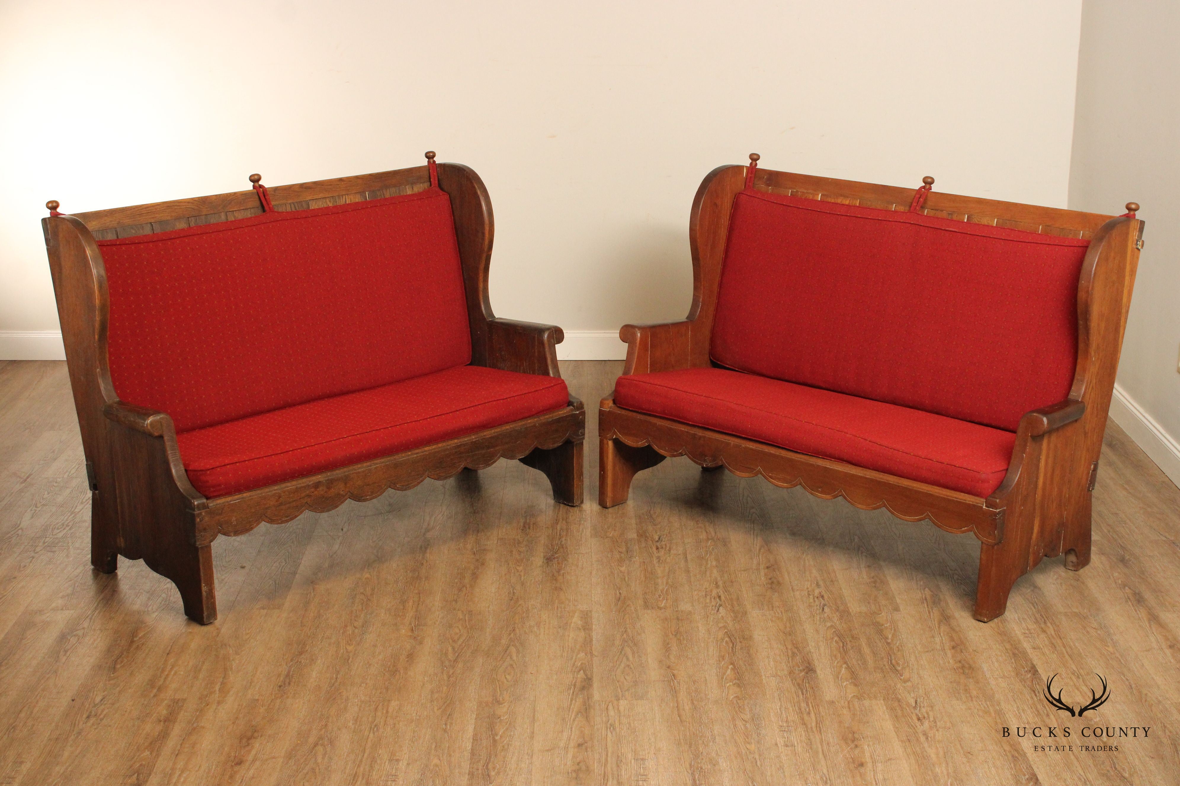 Antique English Pair of Oak Highback Pub Benches