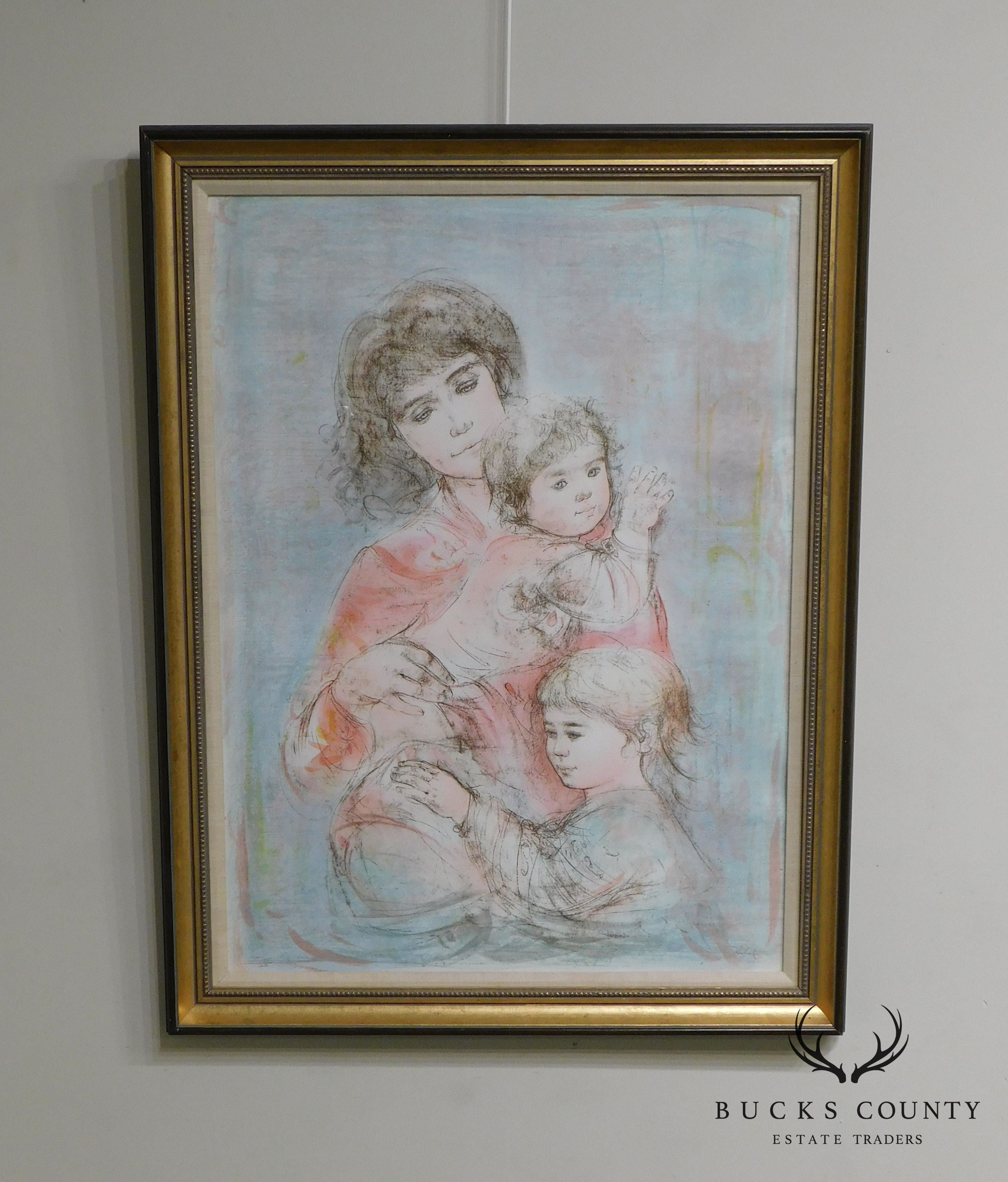 Edna Hibel Signed Framed Limited Edition Color Lithograph "Mother and Two Children" # 155/295