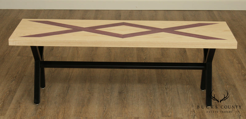 Postmodern Studio Crafted Oak Purple Parquet Inlaid X Iron Base Coffee Table