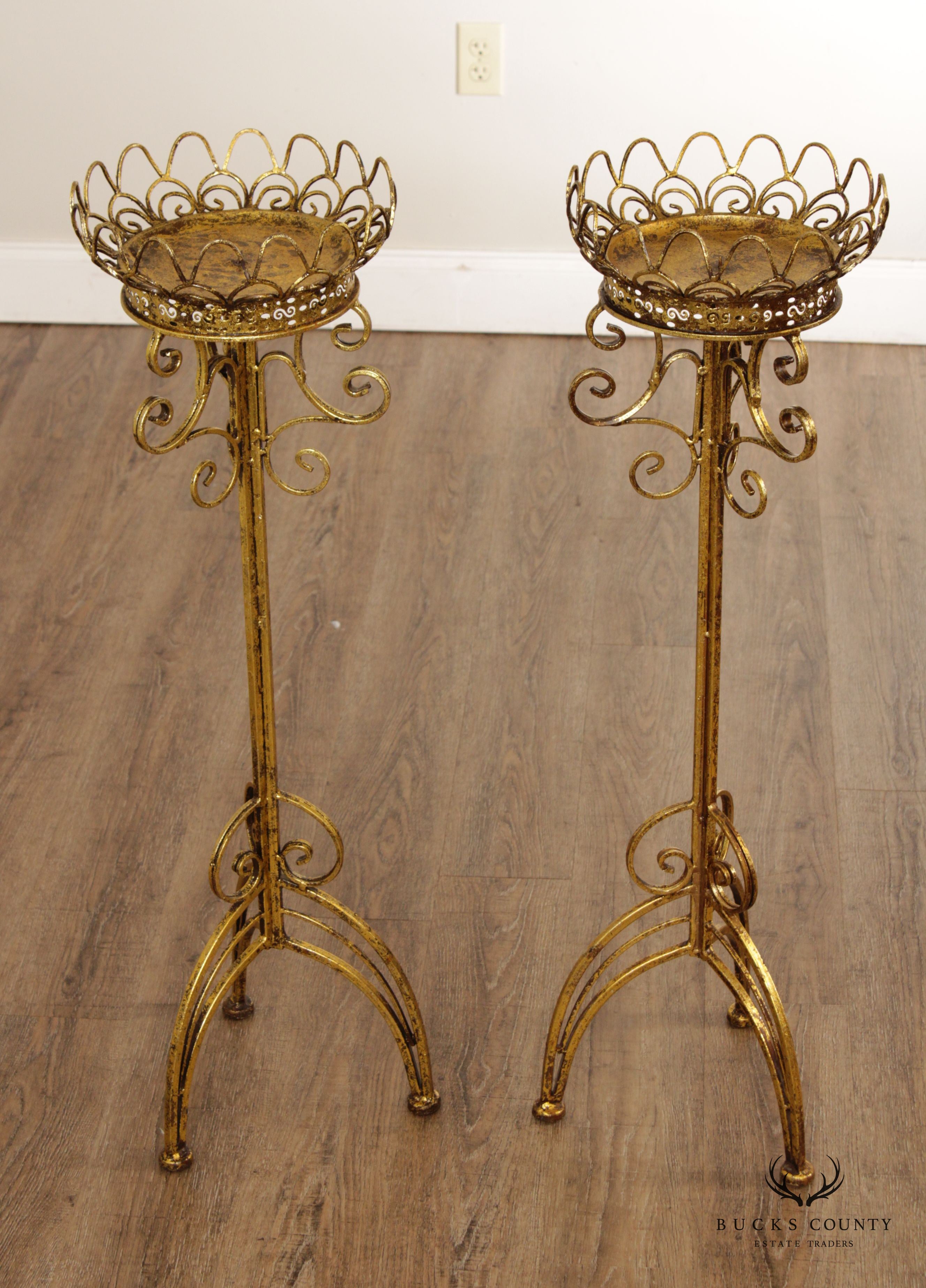 Hollywood Regency Pair Gilt Metal Scroll Candle Stands