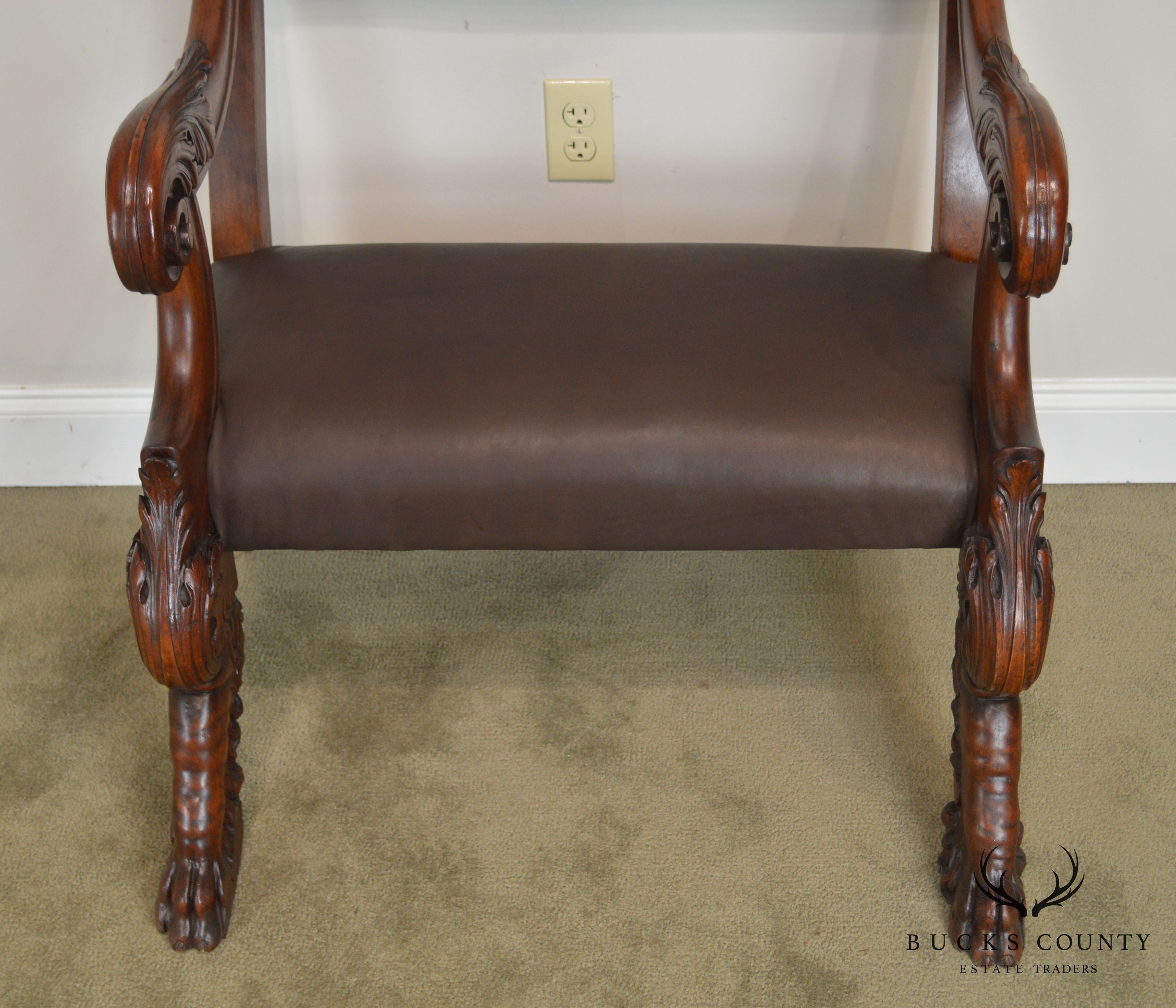 Antique 19th Century Unusual Italian Renaissance Revival Carved Claw Foot Leather Armchair