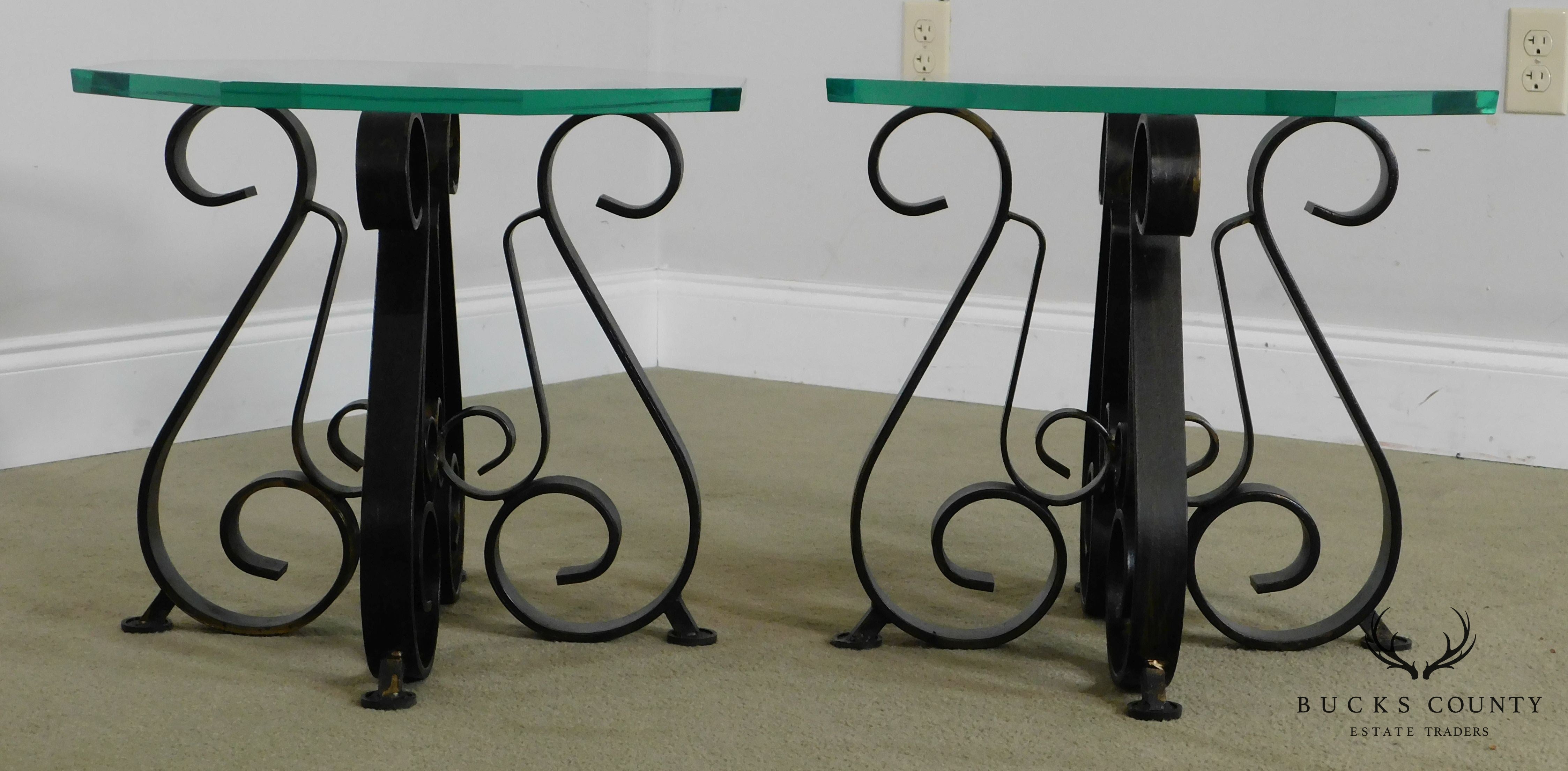 Quality Mid Century Pair Scrolled Wrought Iron Octagon Glass Top Side Tables