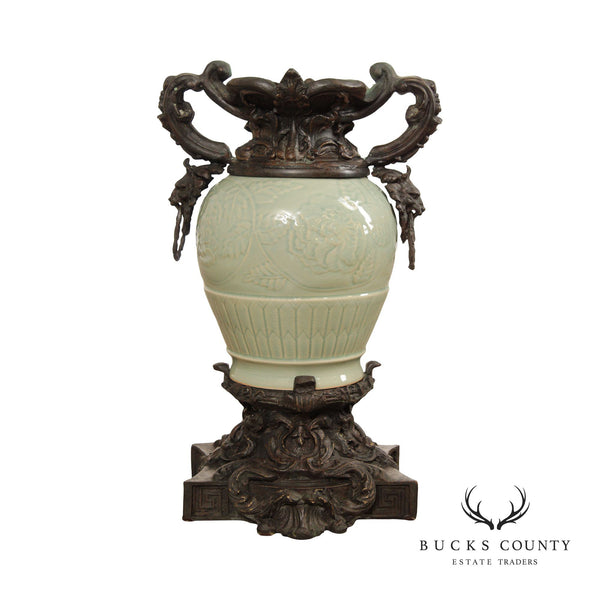 Maitland Smith Asian Inspired Bronze Mounted Celadon Porcelain Vase