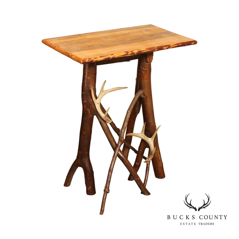 Vintage Rustic Wood and Antler Accent Table