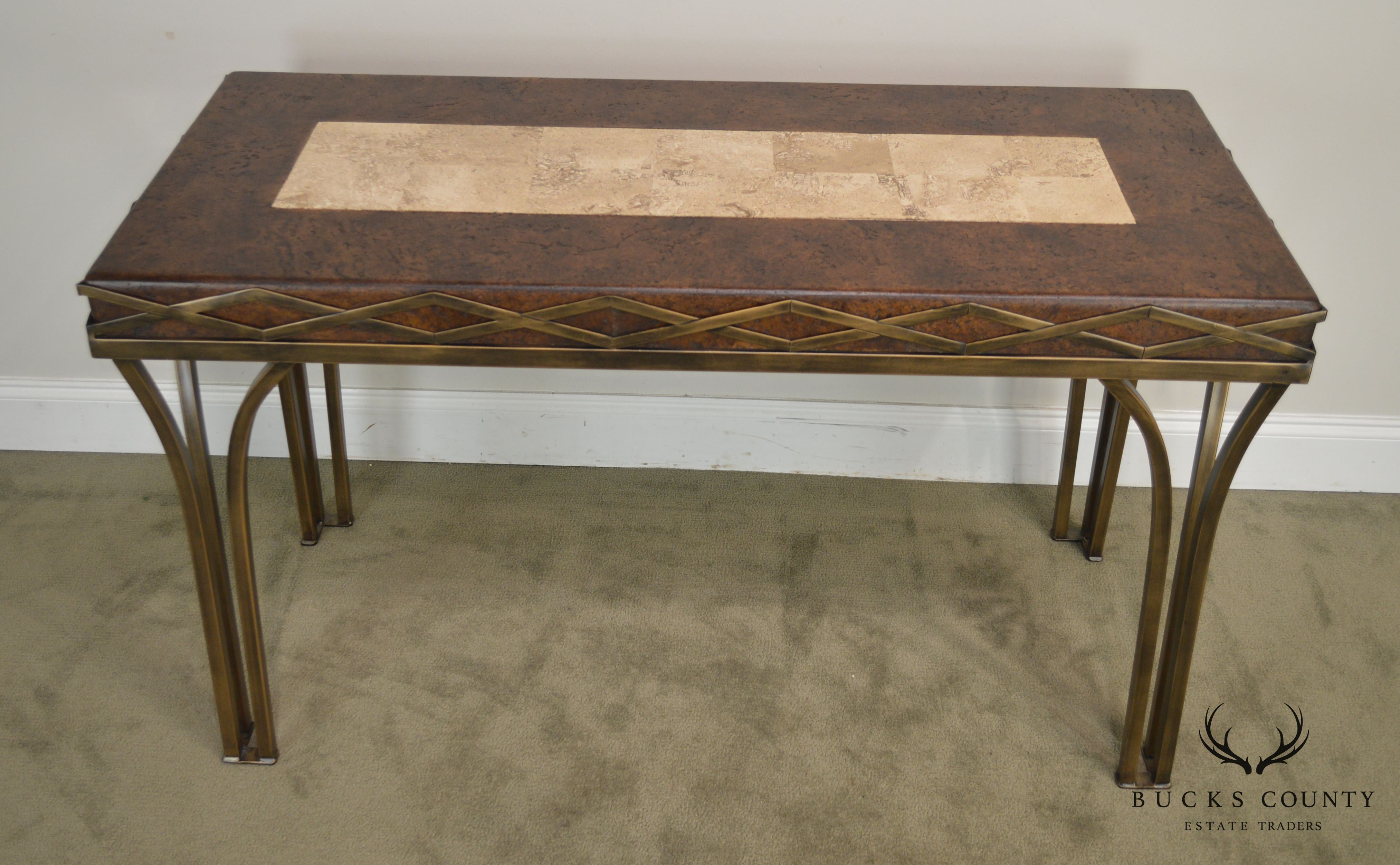 Iron Console Table with Cork and Tessellated Travertine Top