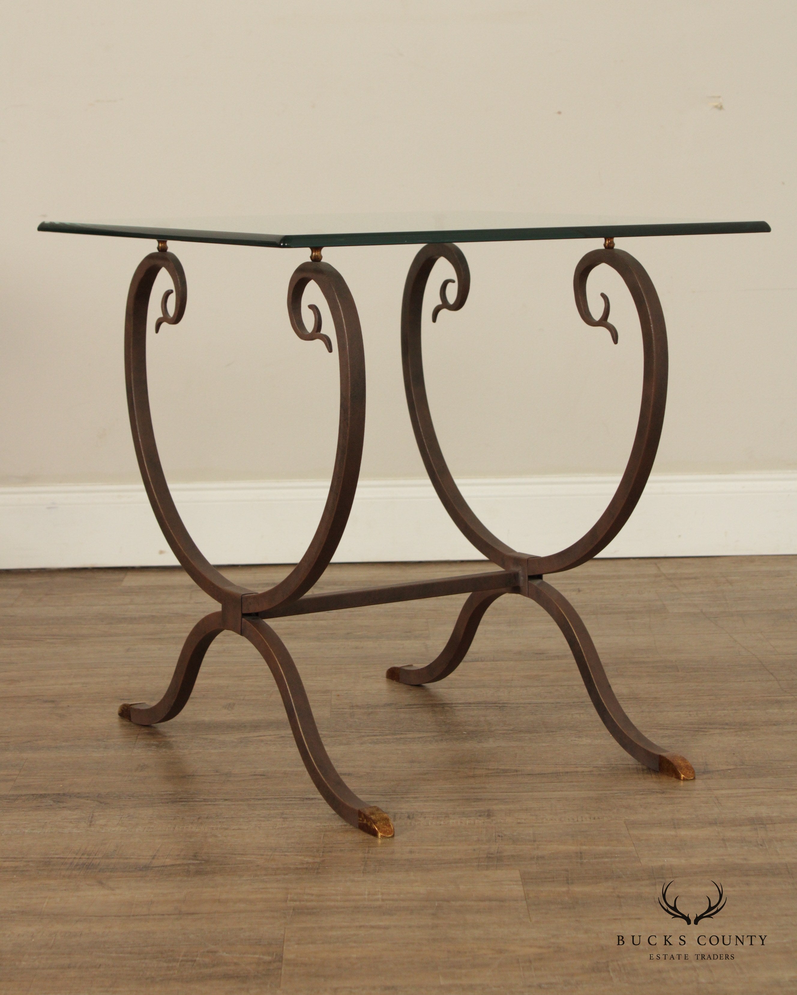 Neoclassical Style Wrought Iron Glass Top Side Table