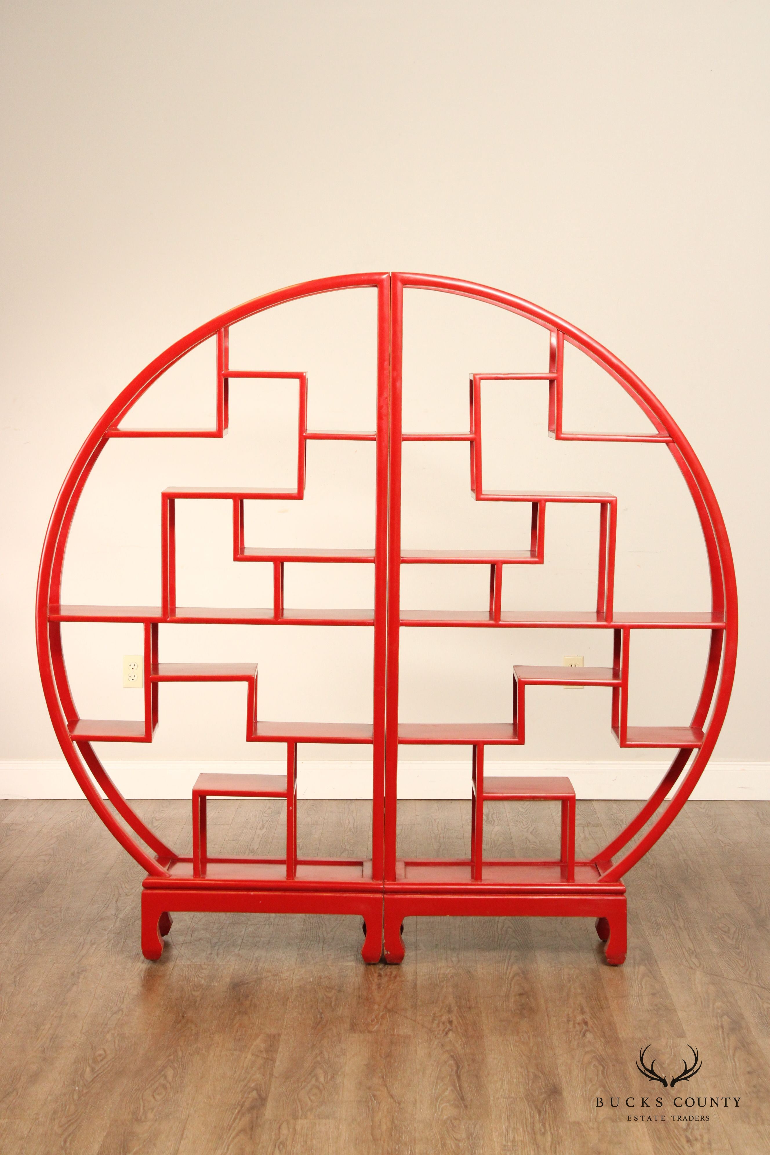 Asian Style Red Painted Round Two Part Room Divider Etagere