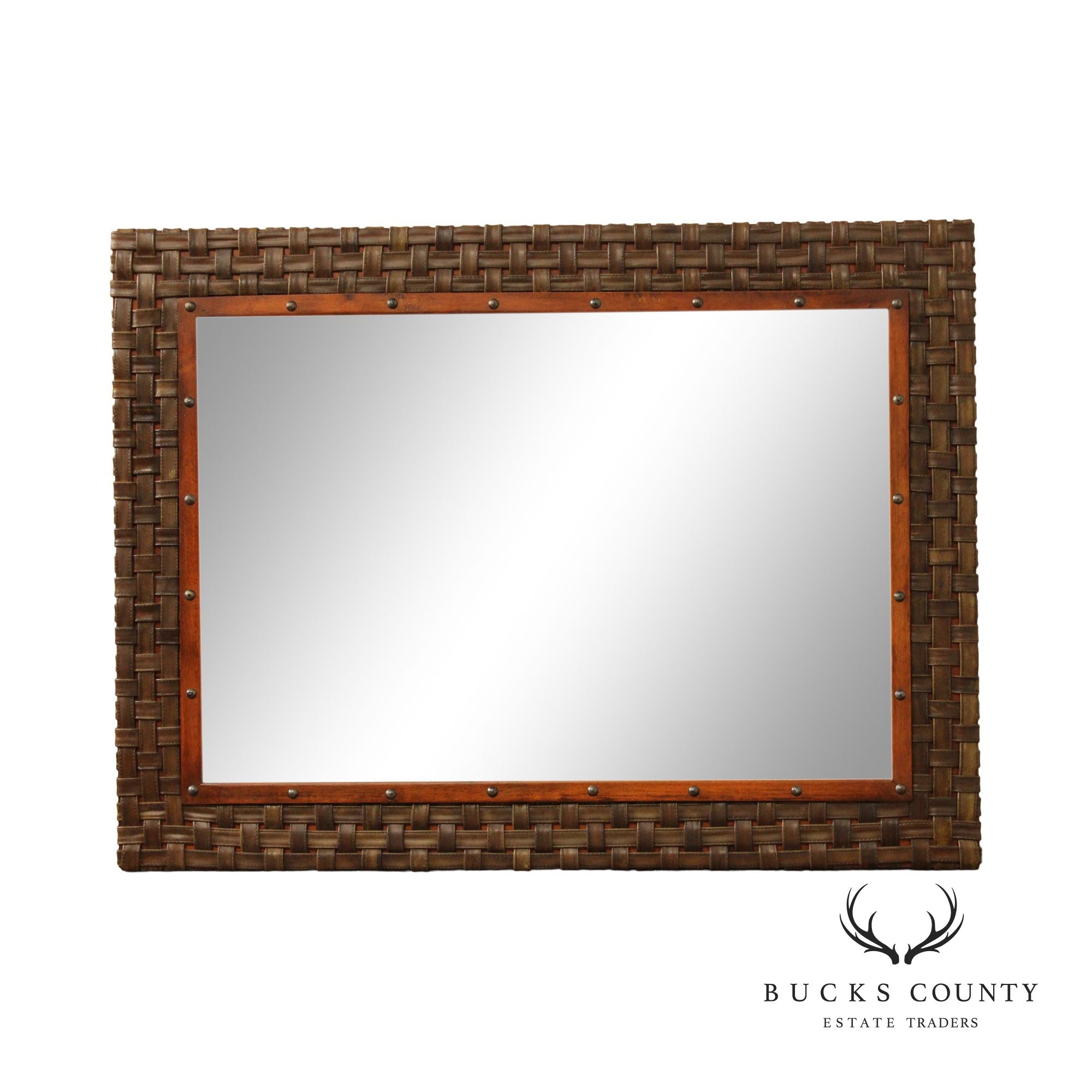 Woven Leather and Wood Frame Mantel Mirror