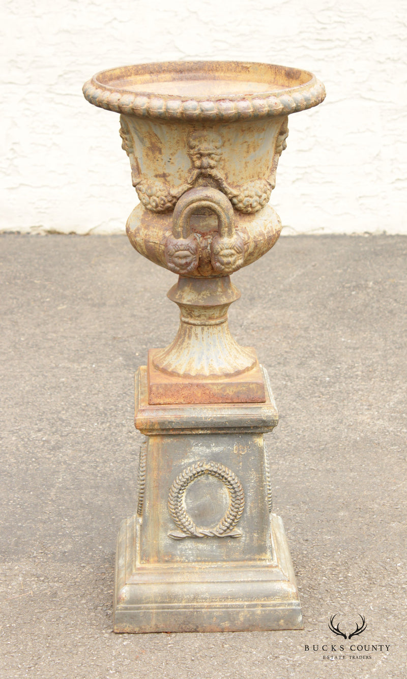 Vintage French Cast Iron Garden Urn on Plinth Base