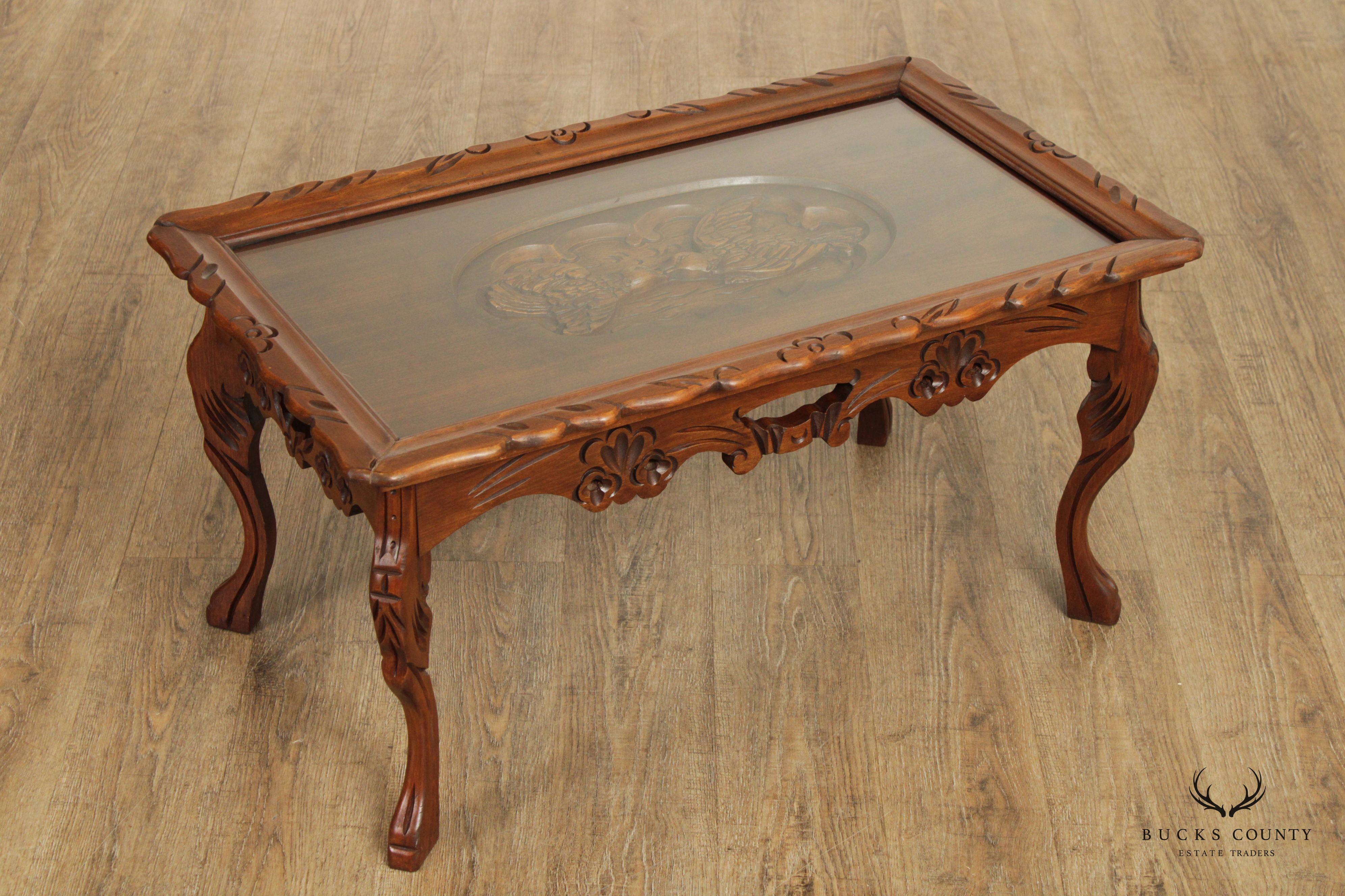 French Style Vintage Glass Top Carved Walnut Coffee Tray Table