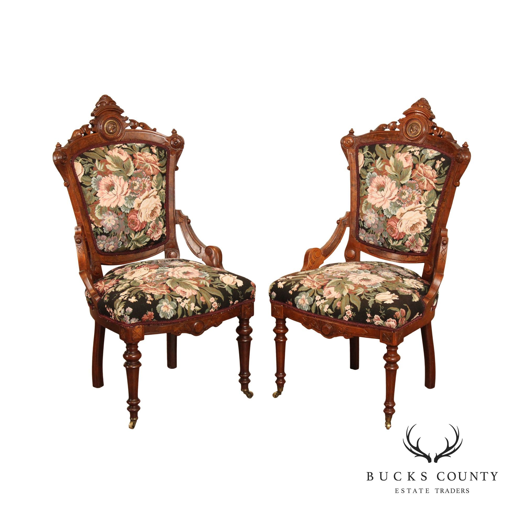 Antique Renaissance Revival Pair of Carved Walnut Armchairs