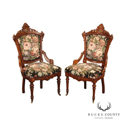 Antique Renaissance Revival Pair of Carved Walnut Armchairs