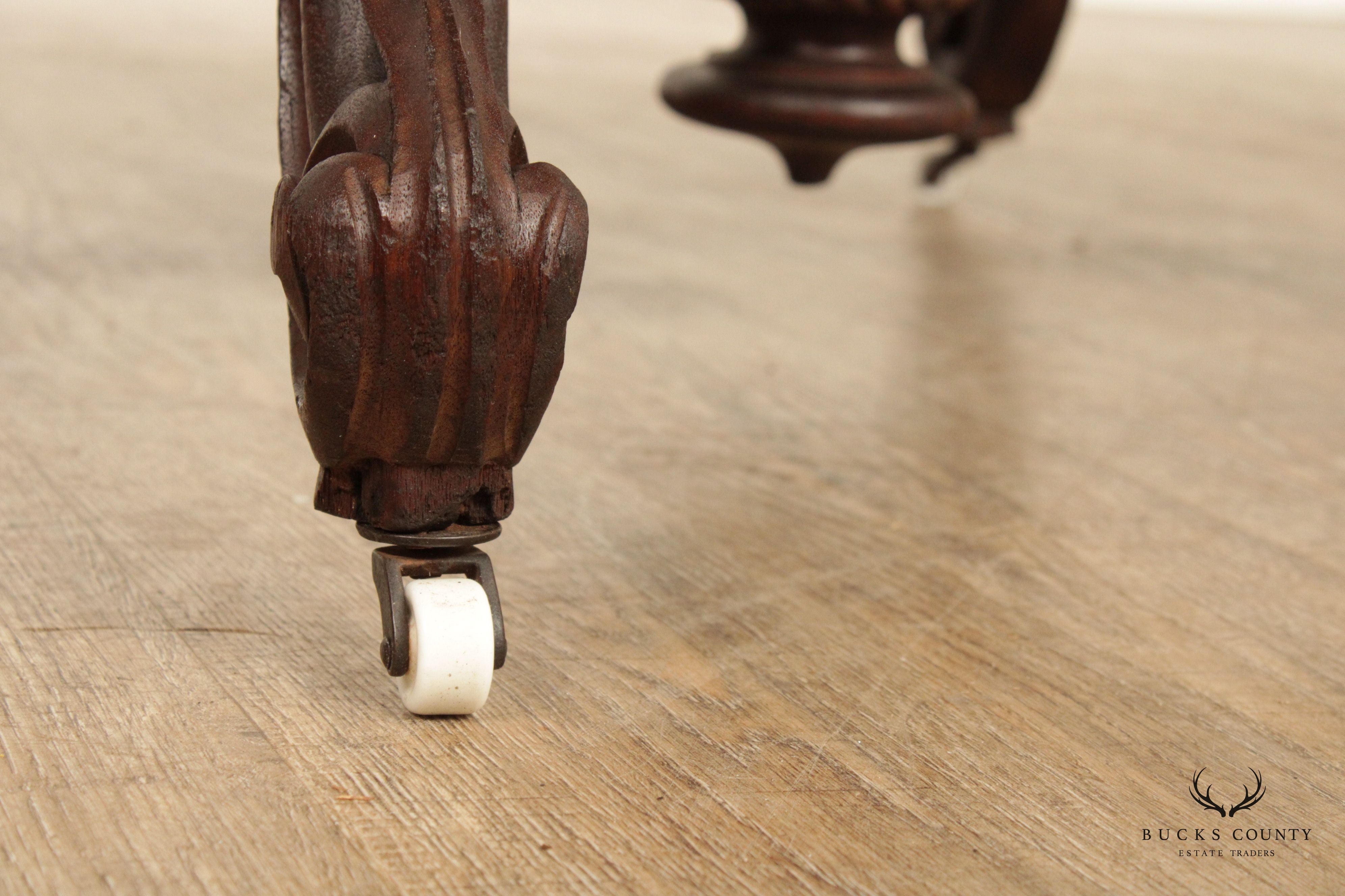 Antique Renaissance Revival Carved Mahogany Marble Turtle Top Center Table