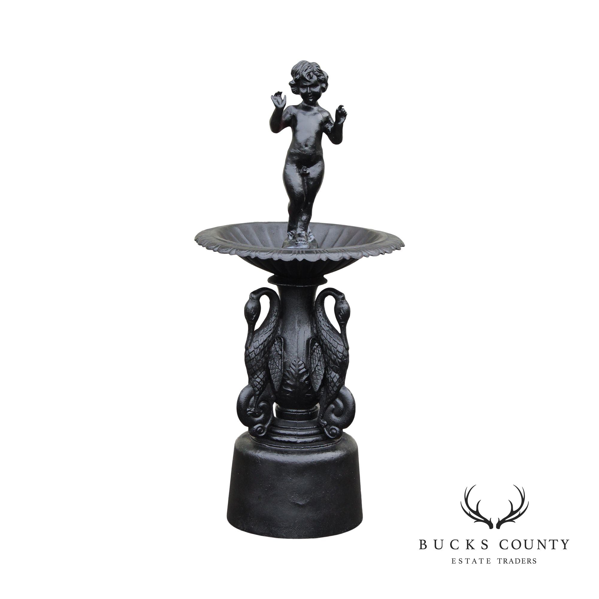 Neoclassical Style Cast Iron Cherub and Swan Garden Bird Bath