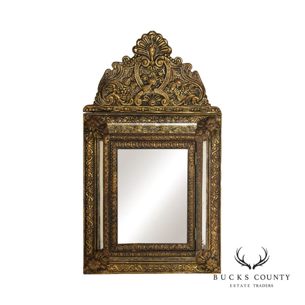 Antique French Repousse Brass Wall Mirror Cabinet