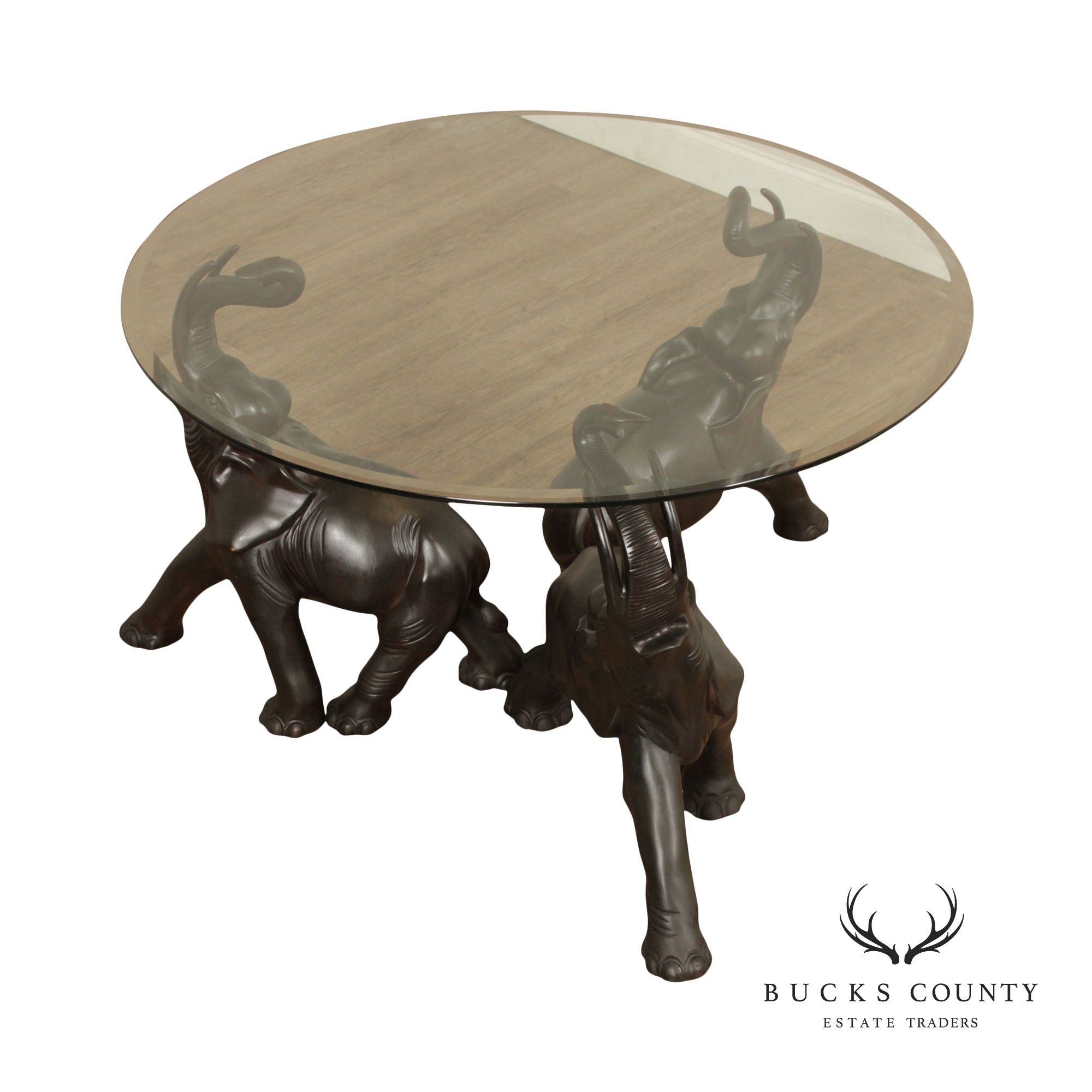 Contemporary Trio of Elephants Brass & Glass Center Table