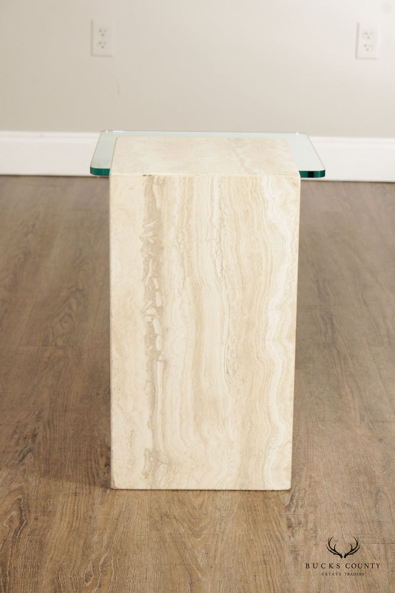 Post Modern Cantilevered Glass and Travertine Side Table