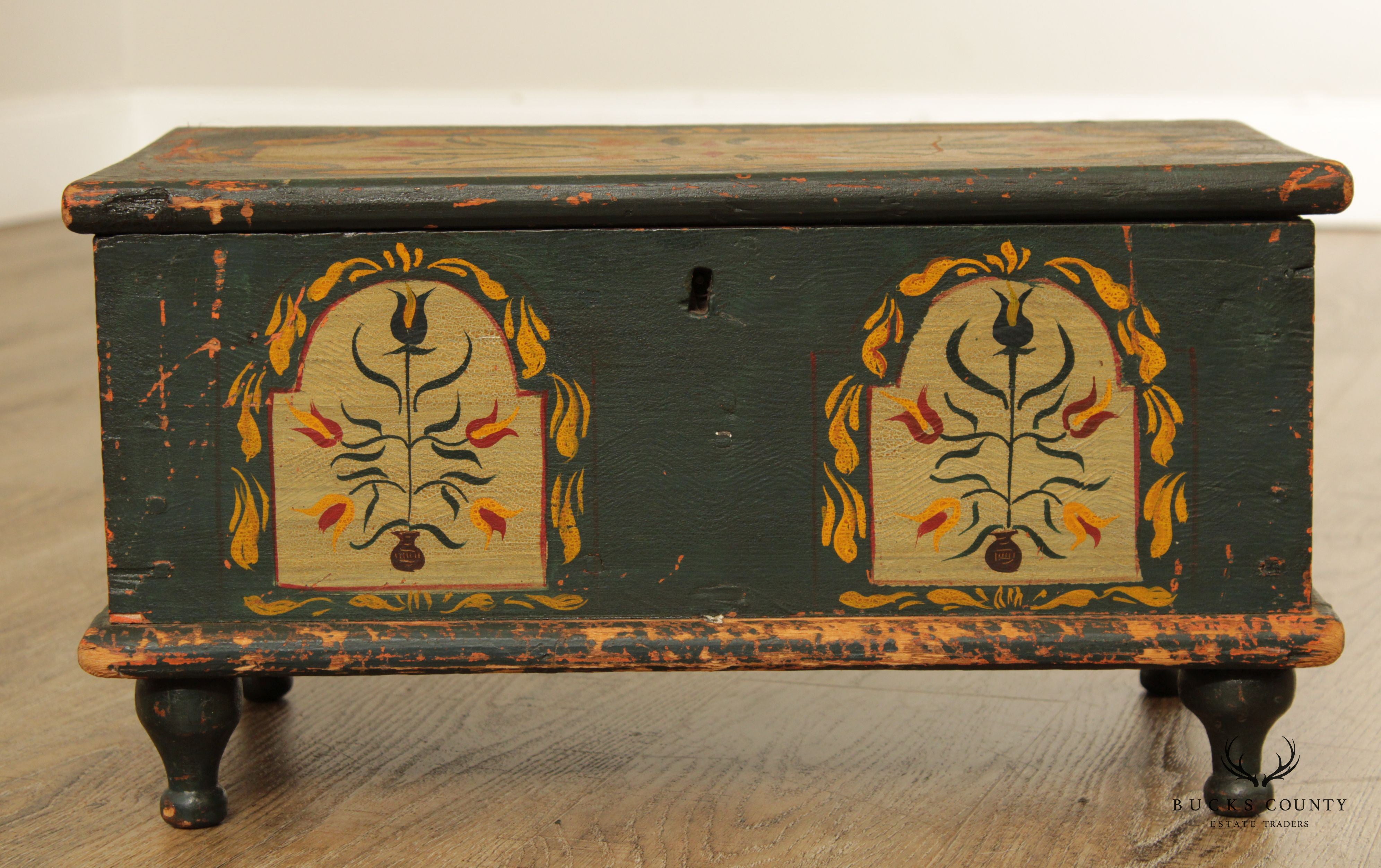 Antique Hand Painted Pennsylvania Dutch Minature Blanket Chest