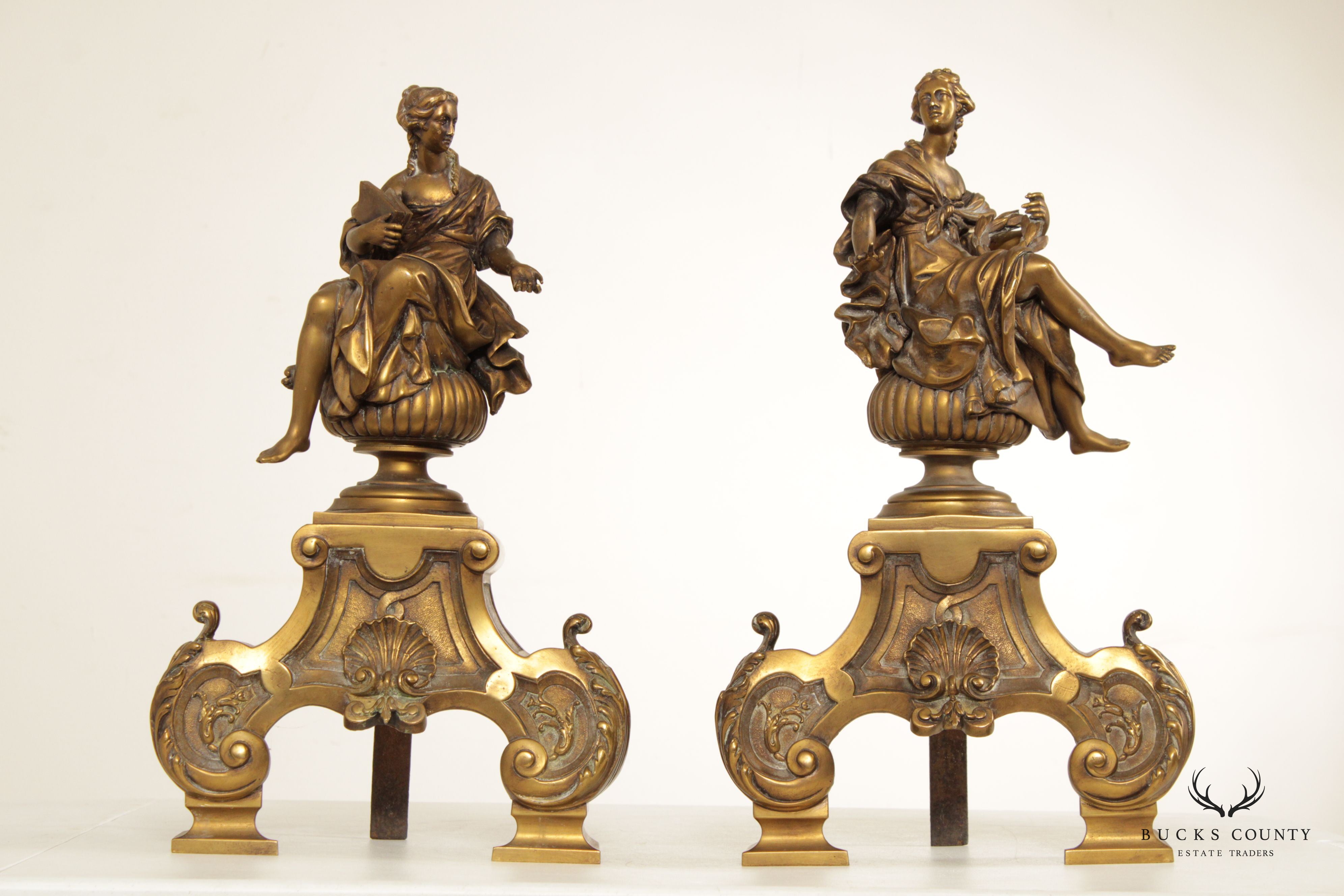 Antique 19th C. French Neoclassical Pair of Brass Chenets