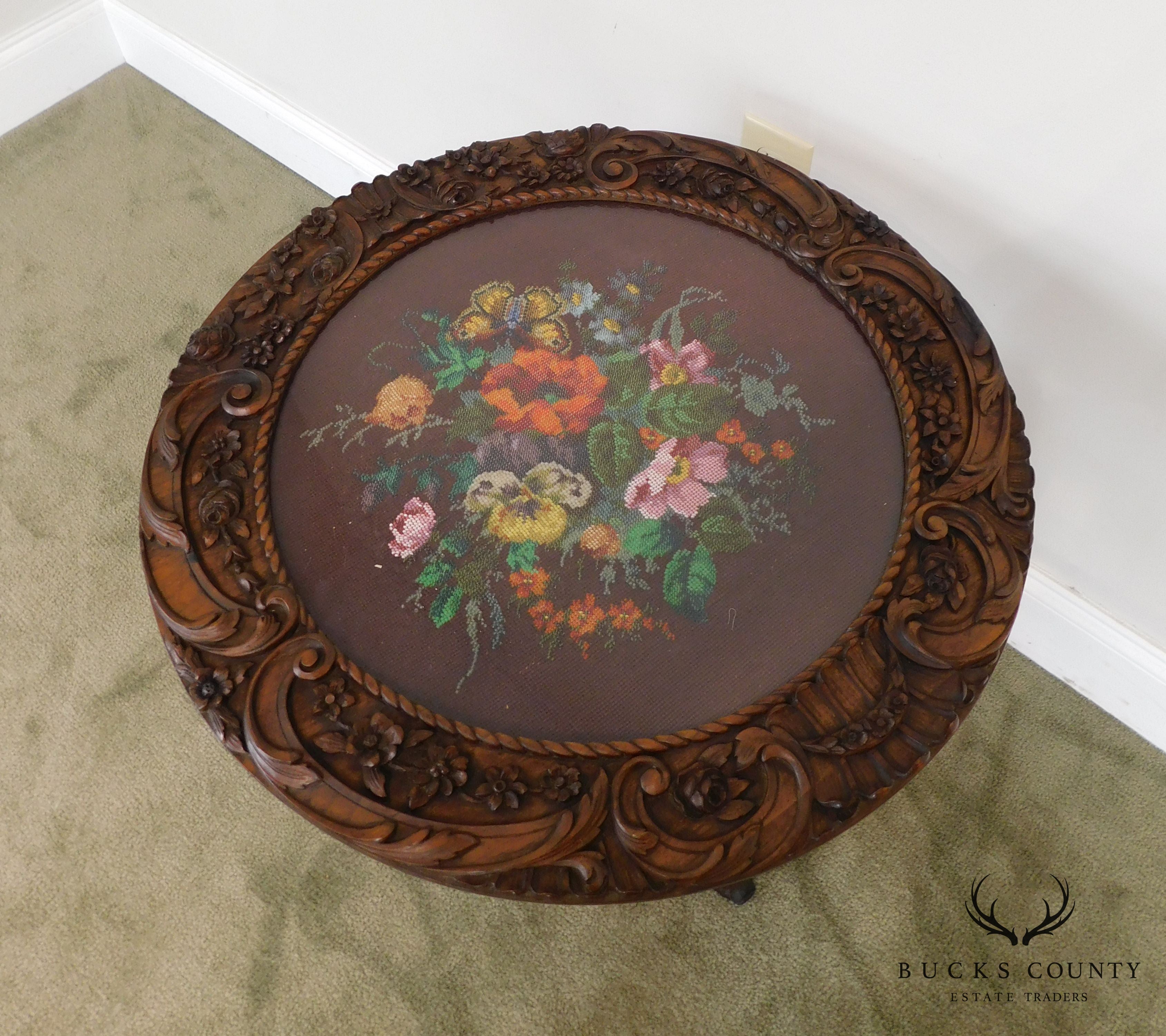 Renaissance Revival Antique Hand Carved Solid Walnut Round Table with Beeded Needlework