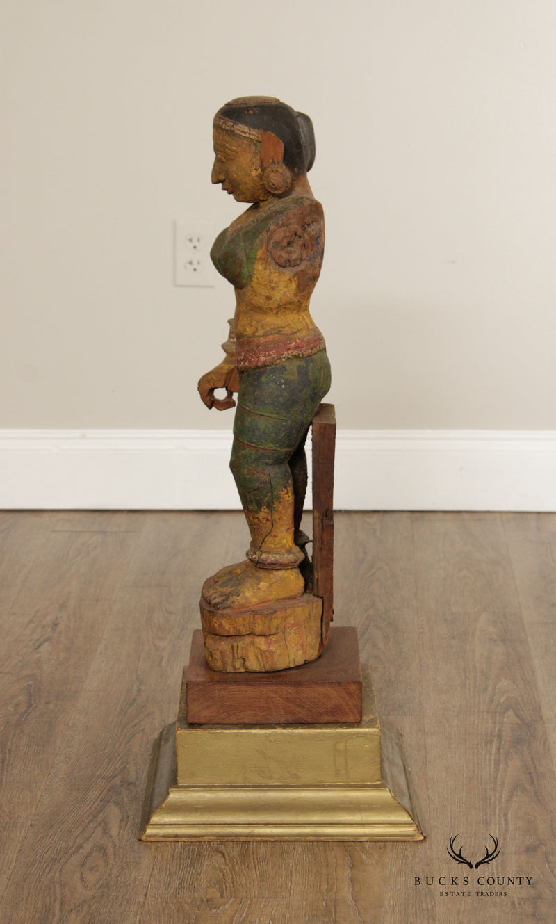 Antique Indian Polychrome Wooden Goddess Sculpture