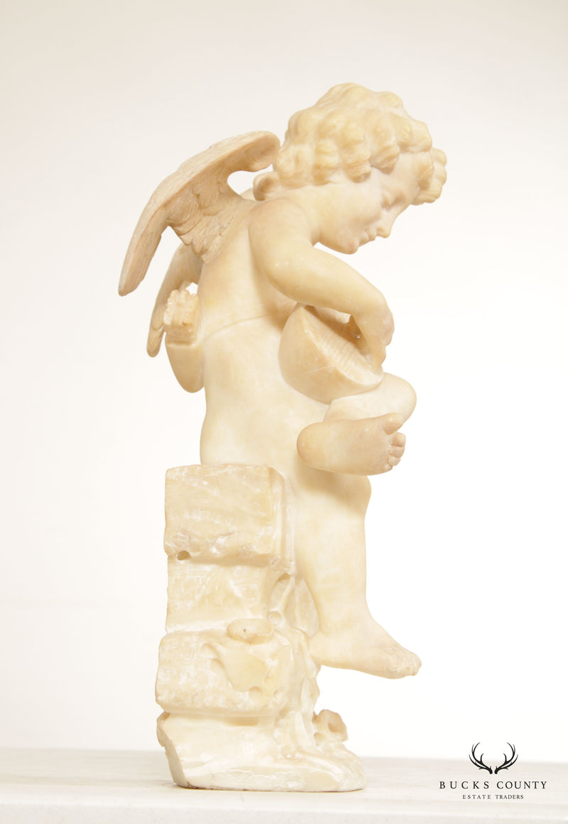 Antique Renaissance Revival Alabaster Carved Cherub Statue