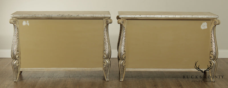 Rococo Style Custom Pair Silver Leaf Foliage 2 Door Commodes Servers
