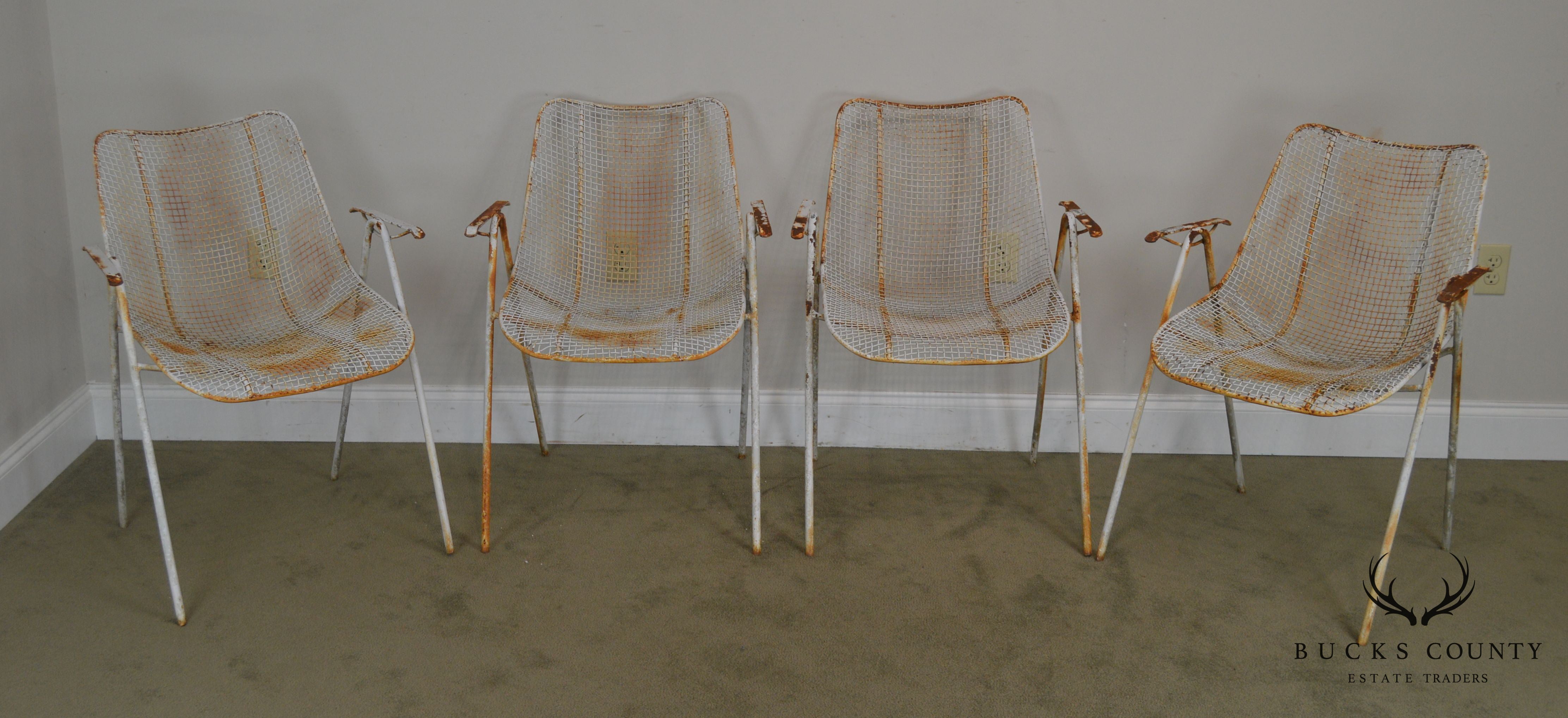 Russell Woodard Mid Century Modern Set of 4 Sculptura Iron Mesh Patio Dining Chairs