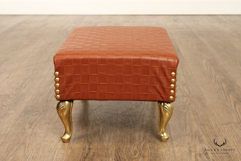 Italian Hollywood Regency Pair of Brass and Leather Foot Stools