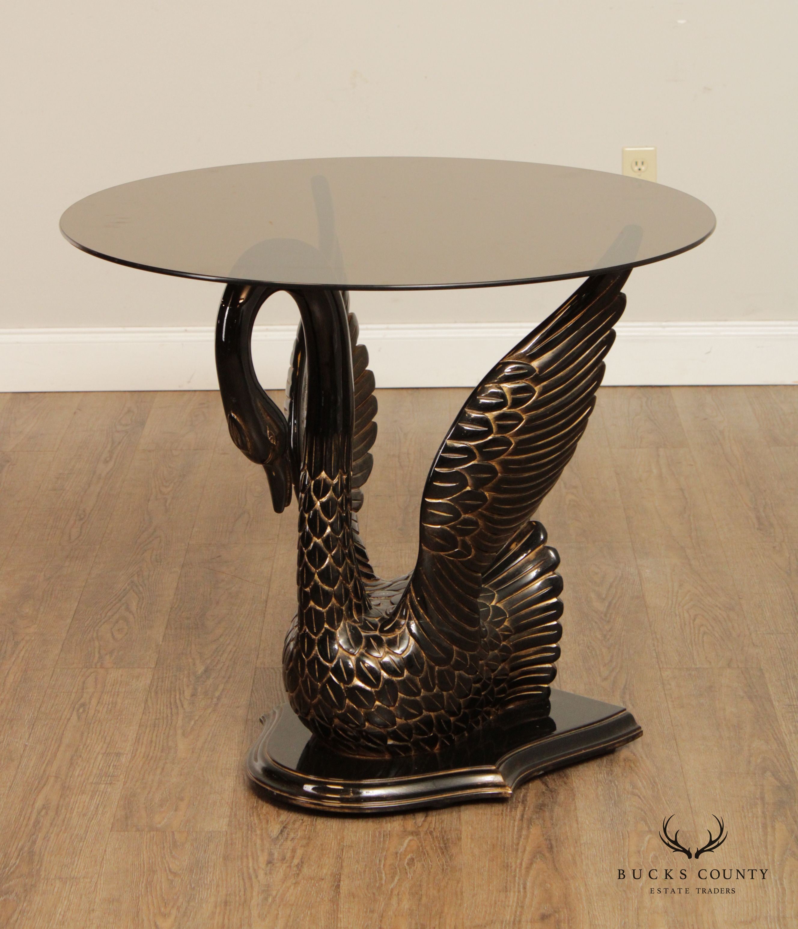 Italian Carved and Painted Wood Black Swan Glass Top Center Table