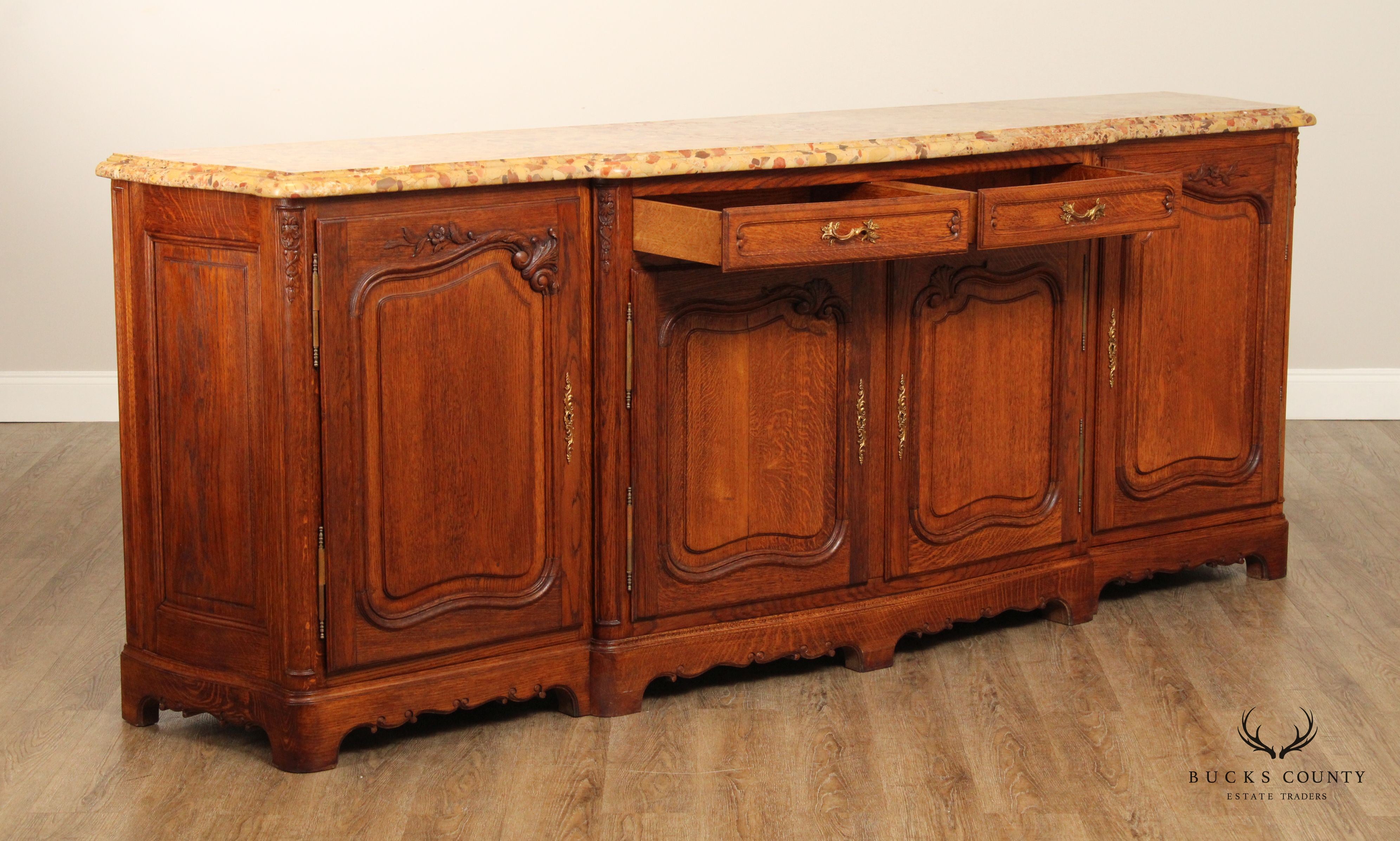 Antique French Louis XV Style Breccia Marble Top Long Oak Sideboard