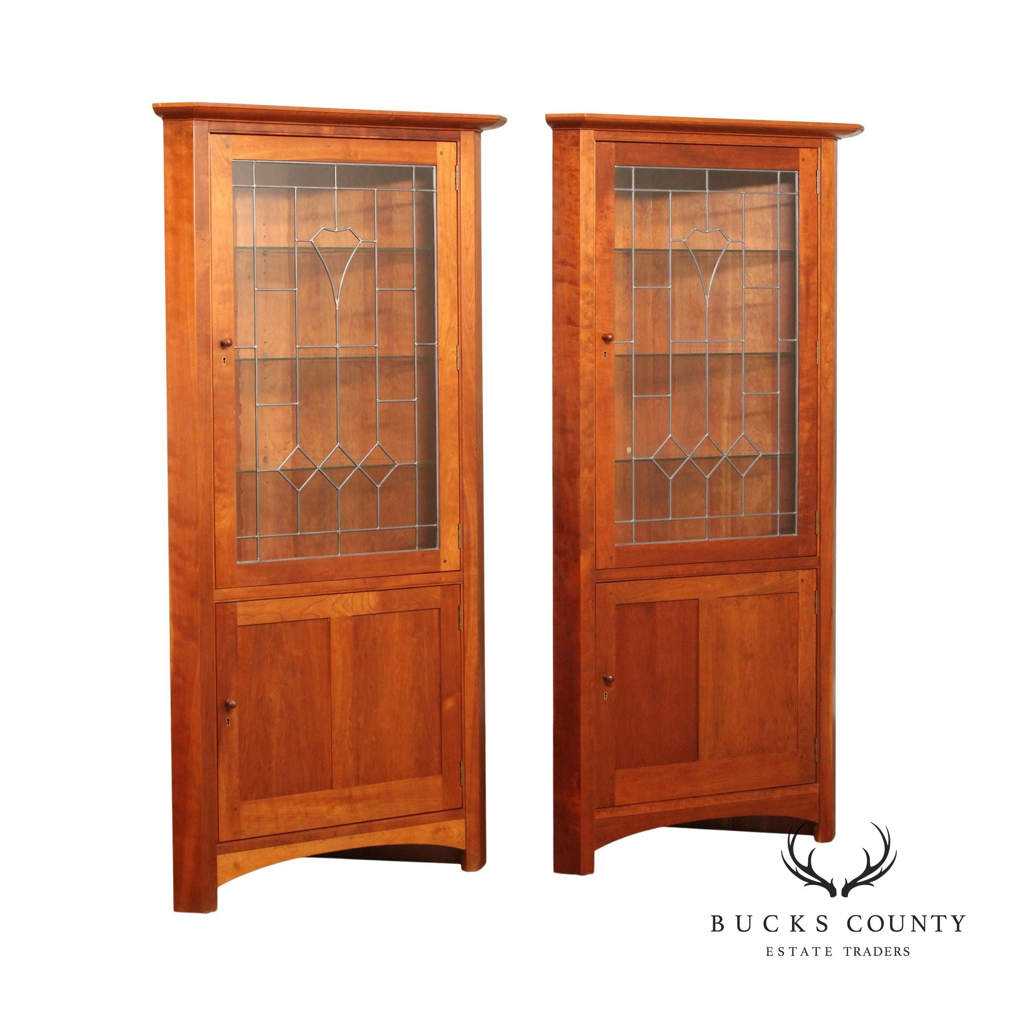 Stickley Mission Collection Pair of Cherry Corner Cabinets with Art Glass