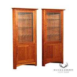 Stickley Mission Collection Pair of Cherry Corner Cabinets with Art Glass