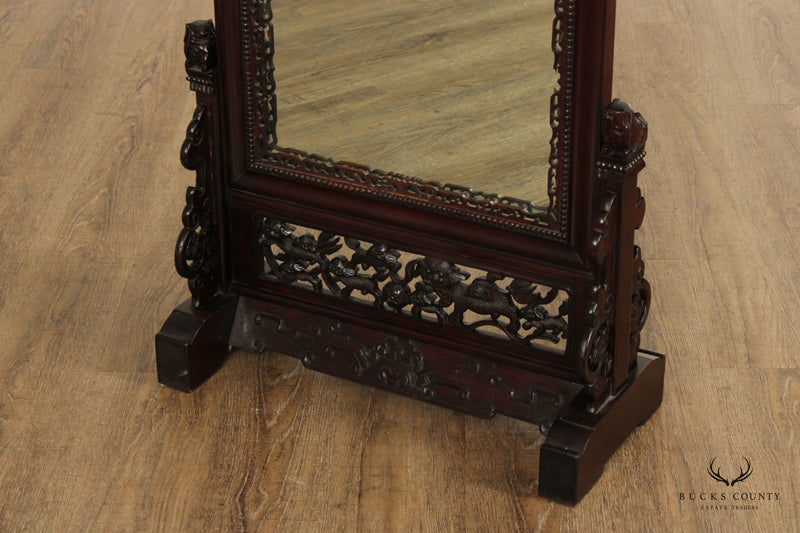Antique Chinese Carved Hardwood Table Screen Mirror