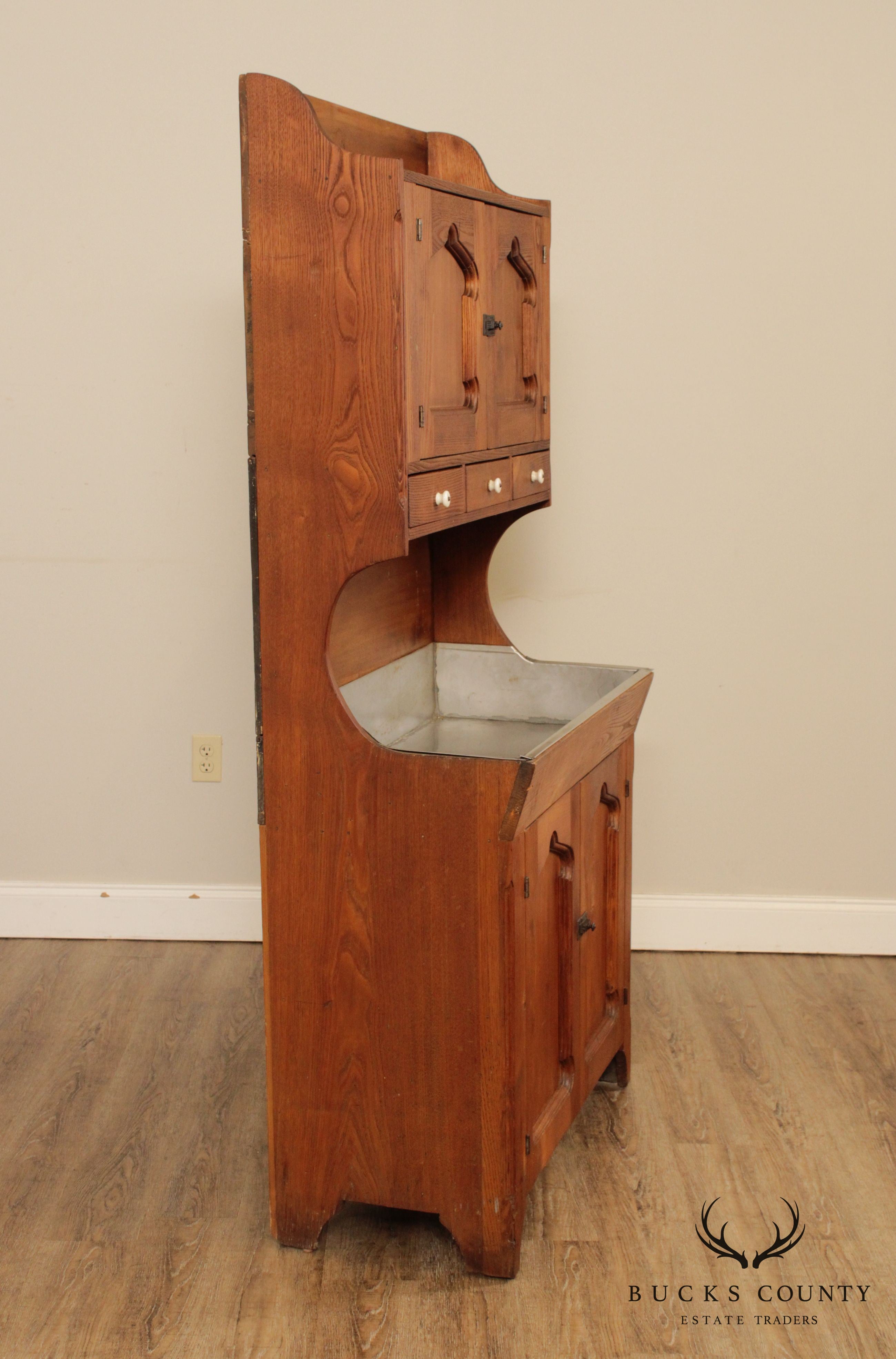 Antique American Poplar & Chestnut Dry Sink Hutch Cabinet