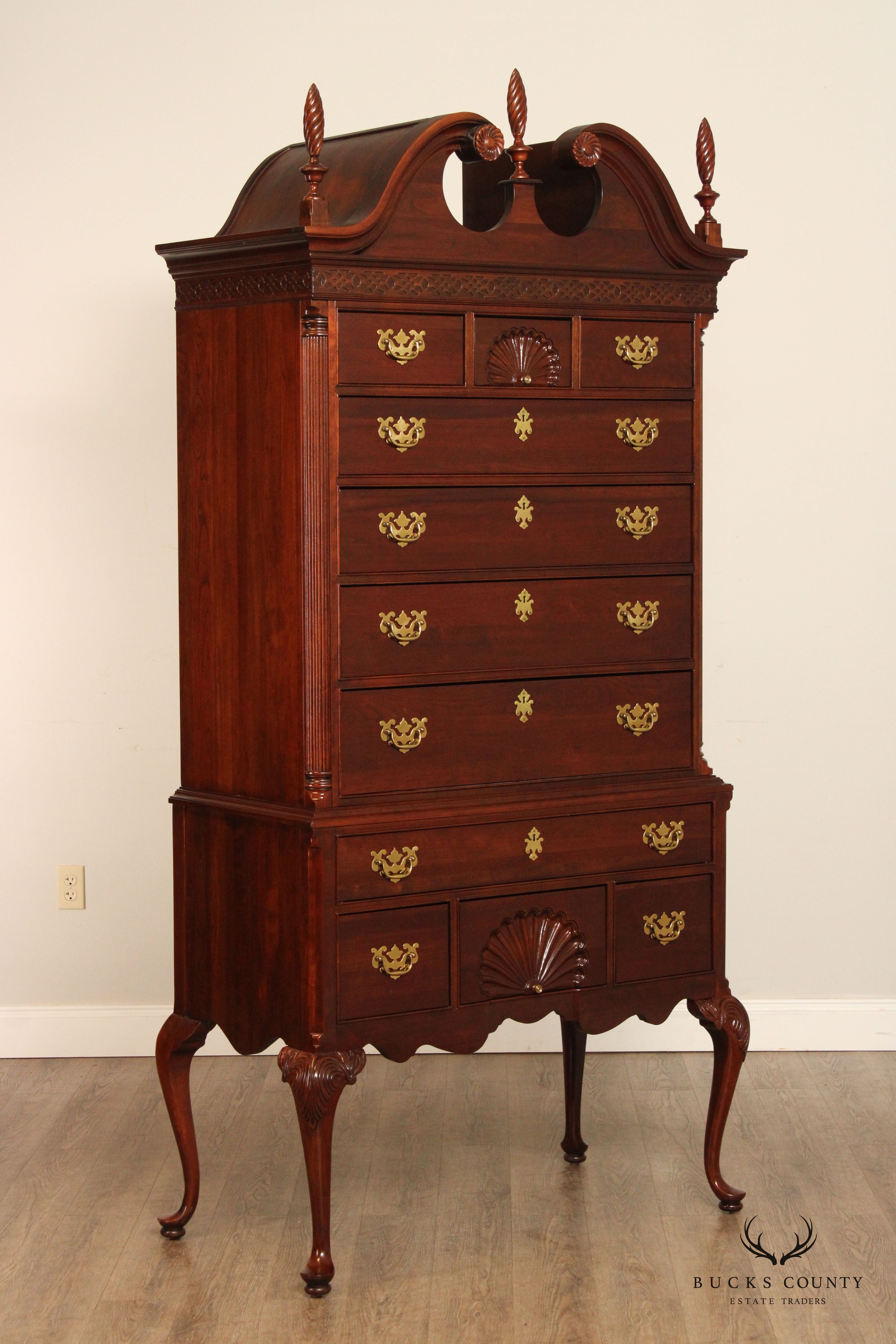 Knob Creek Queen Anne Style Carved Cherry Highboy Chest