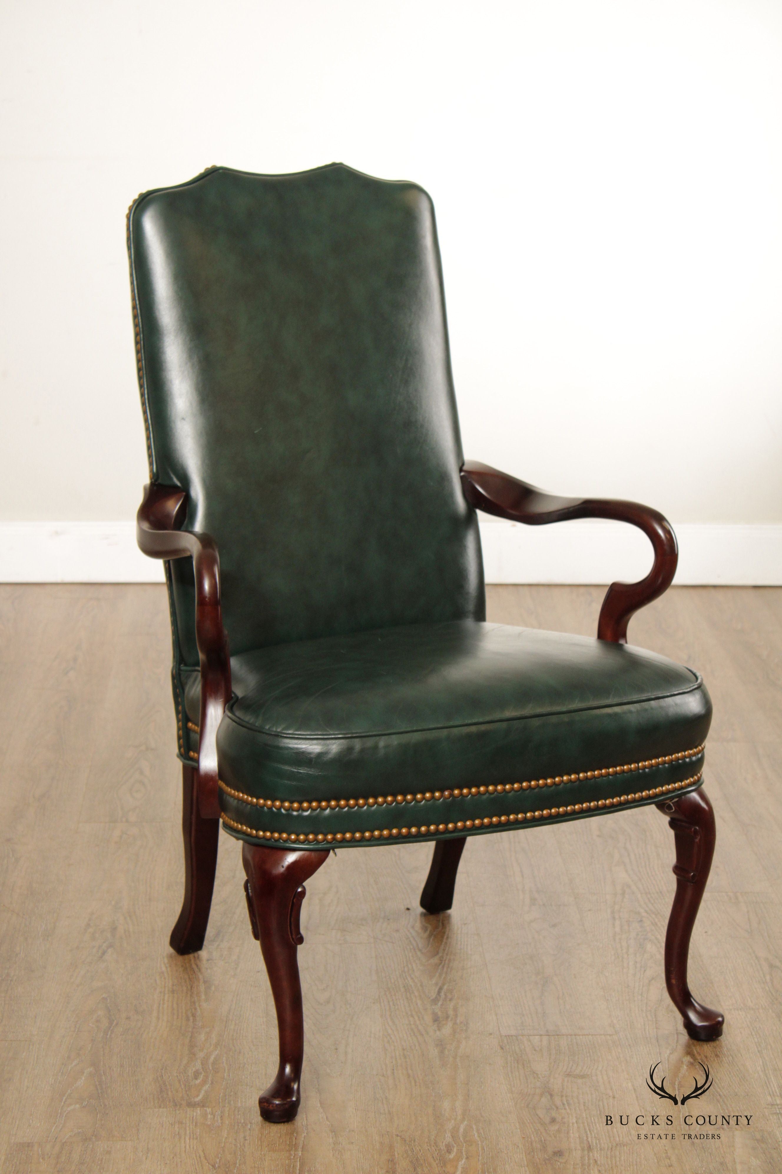 Queen Anne Style Mahogany and Leather Armchair