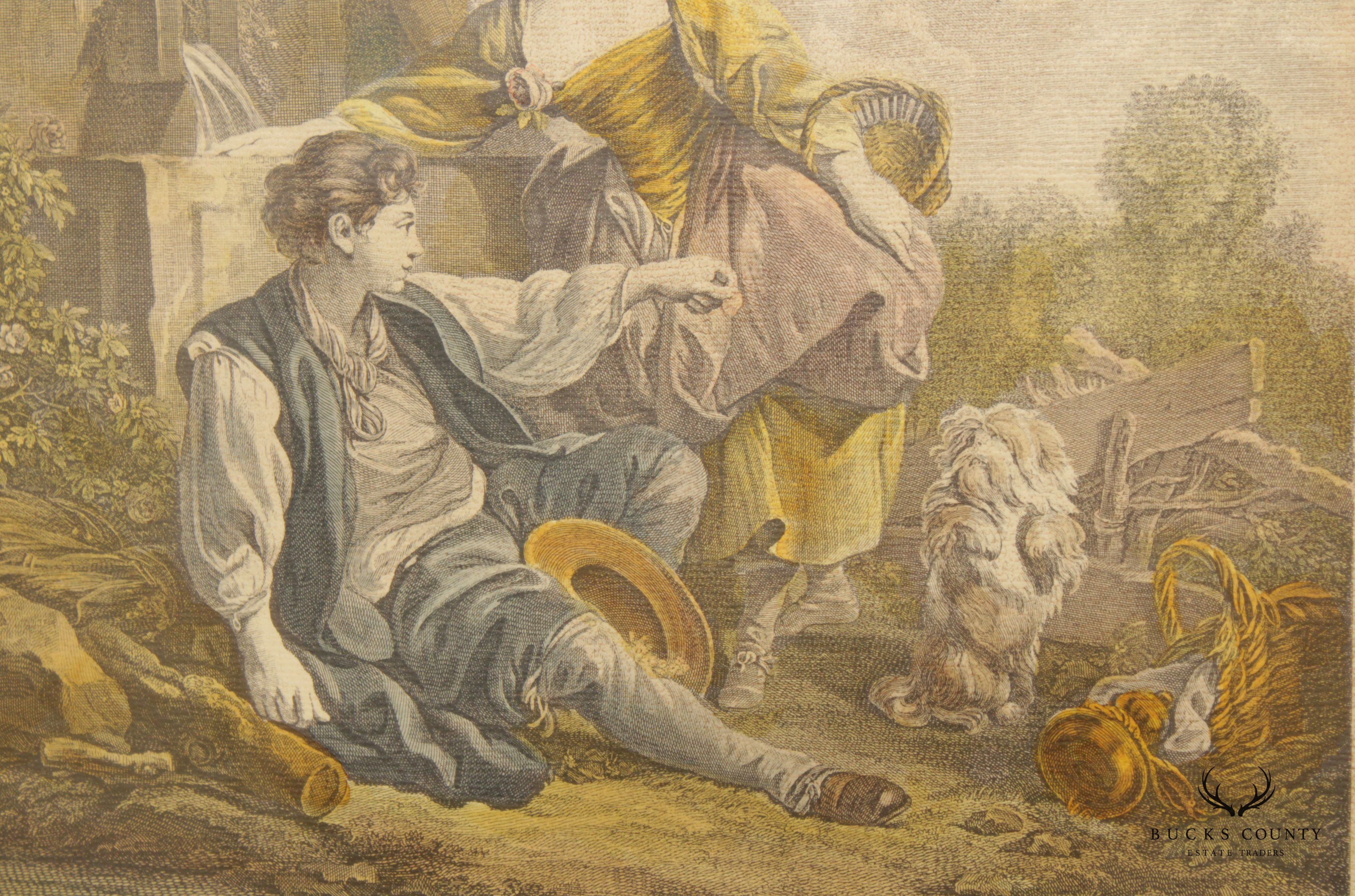 Antique 18th C. French 'L' Obeissance Recompensee' Hand-Colored Engraving, After Francois Boucher