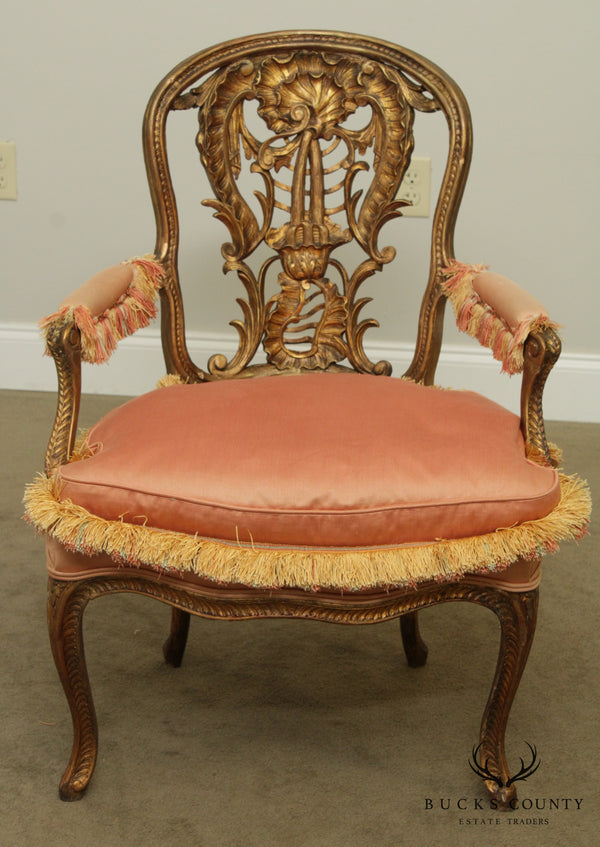 Antique French Louis XV, Rococo Carved Gilt Wood Armchair