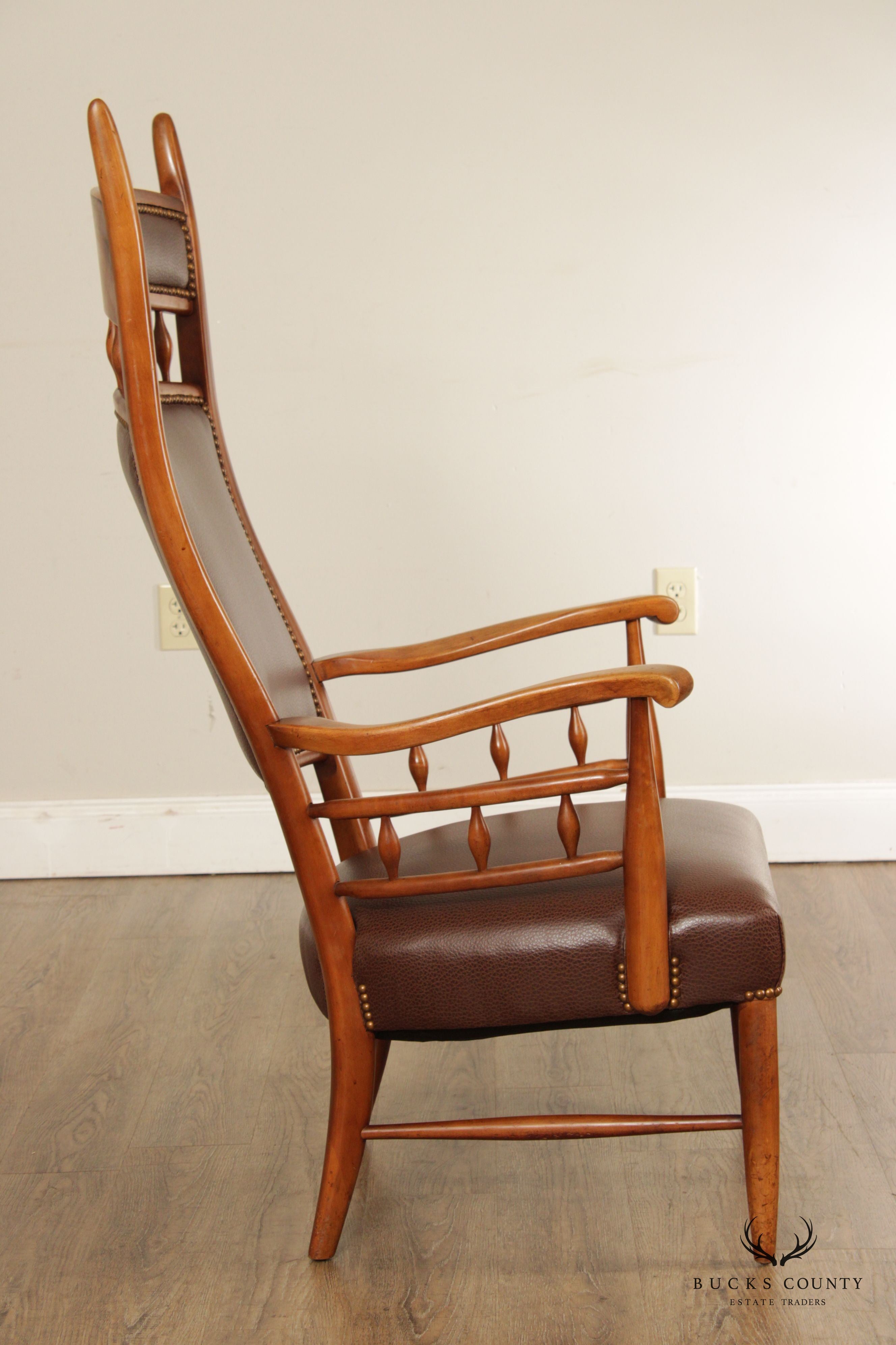 Mid Century Unusual High Back Sculpted Maple & Leather Arm Chair