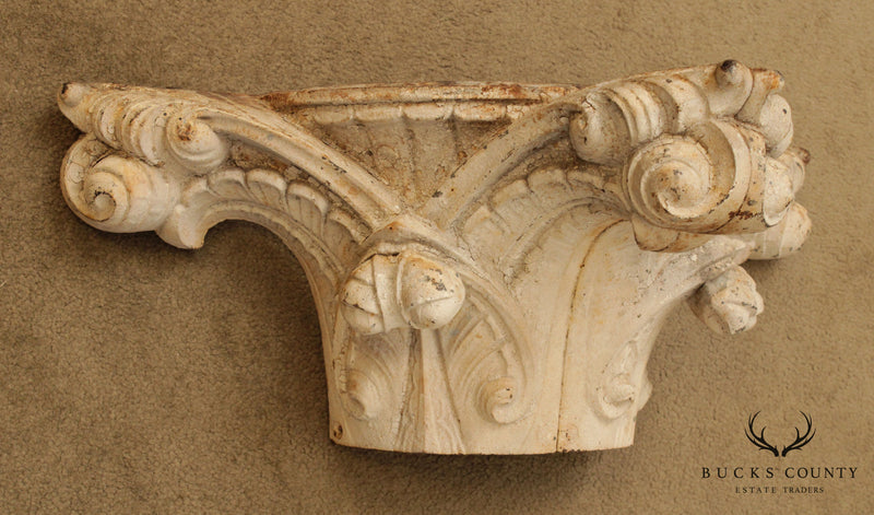Neo-Classical Style Vintage Pair Cast Iron Half Corinthian Capitals Garden Wall Brackets