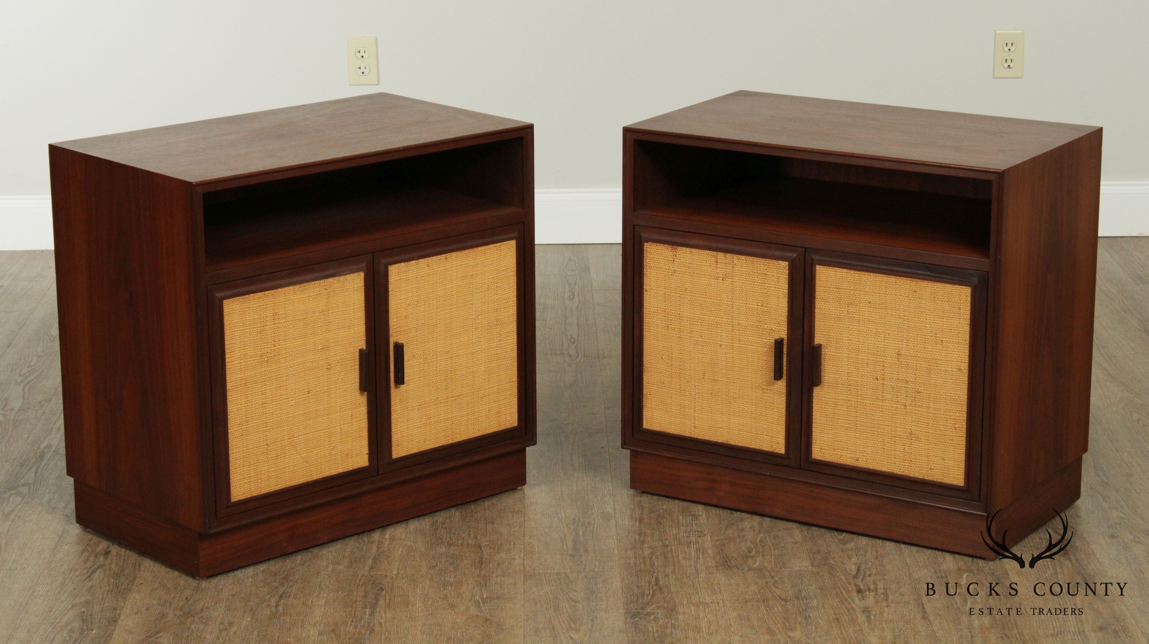 Arne Vodder for Vamo Danish Modern Pair Teak, Cane Door Nightstands