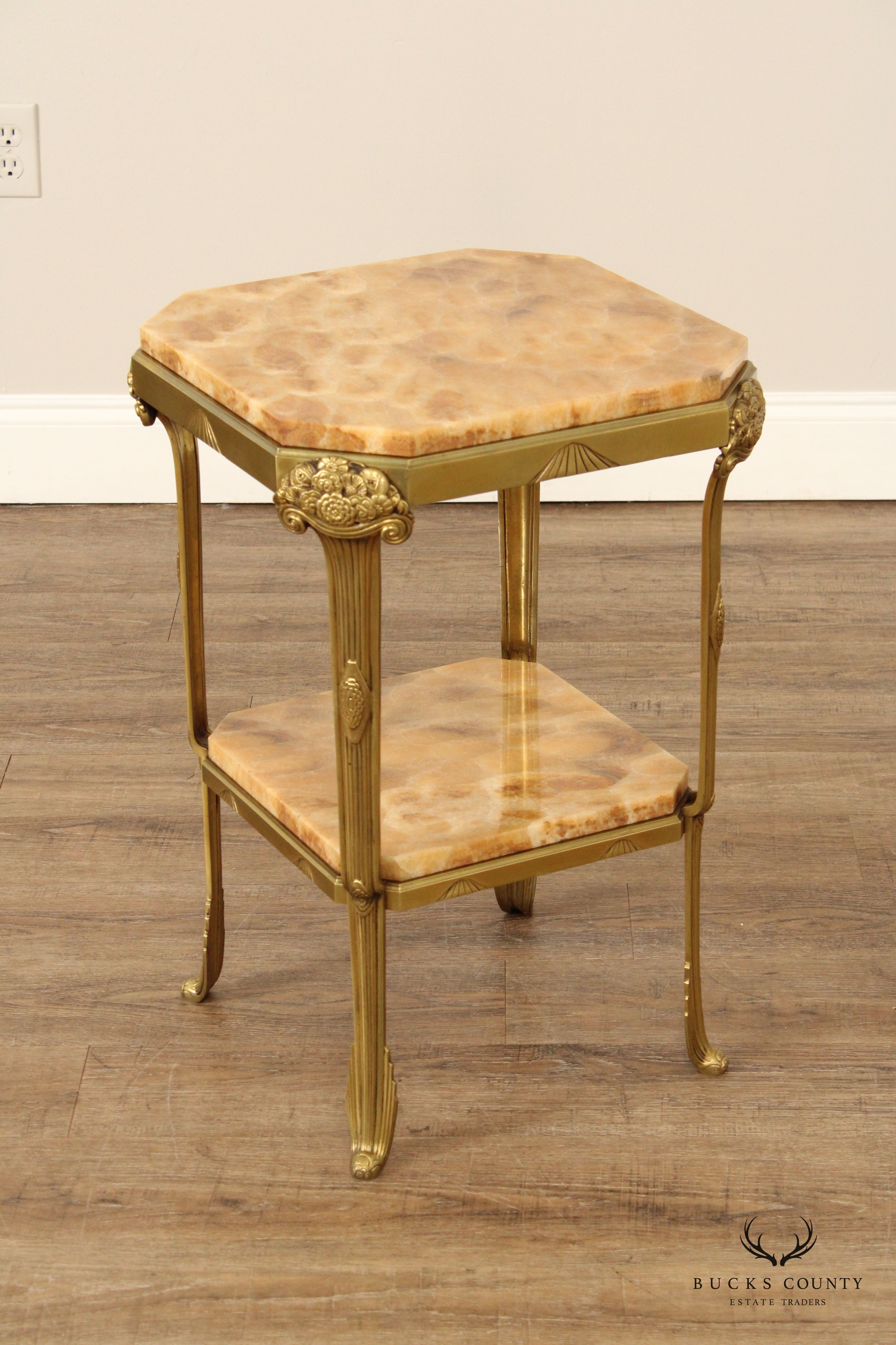 French Art Nouveau Two-Tier Onyx and Brass Side Table